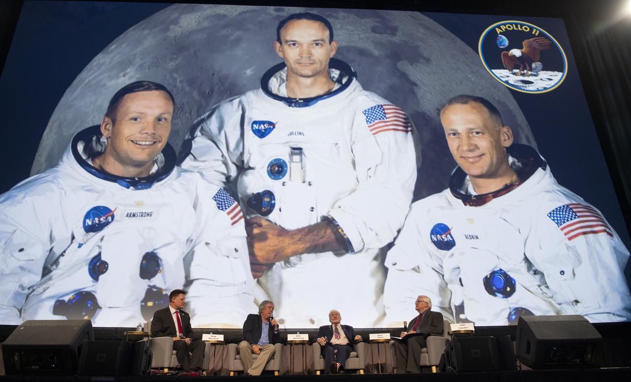 NASA astronaut Doug Wheelock, left, Rick Armstrong, son of Apollo 11 astronaut Neil Armstrong, second from left, Apollo 11 astronaut Buzz Aldrin, second from right, and John Logsdon, Apollo historian and Professor Emeritus at George Washington University, right, are seen during a panel discussion during the International Astronautical Federation World Space Award highlight lecture at the 70th International Astronautical Congress, Thursday, Oct. 24, 2019, at the Walter E. Washington Convention Center in Washington. The 2019 World Space Award was presented to the crew of Apollo 11. Photo Credit: (NASA/Joel Kowsky)