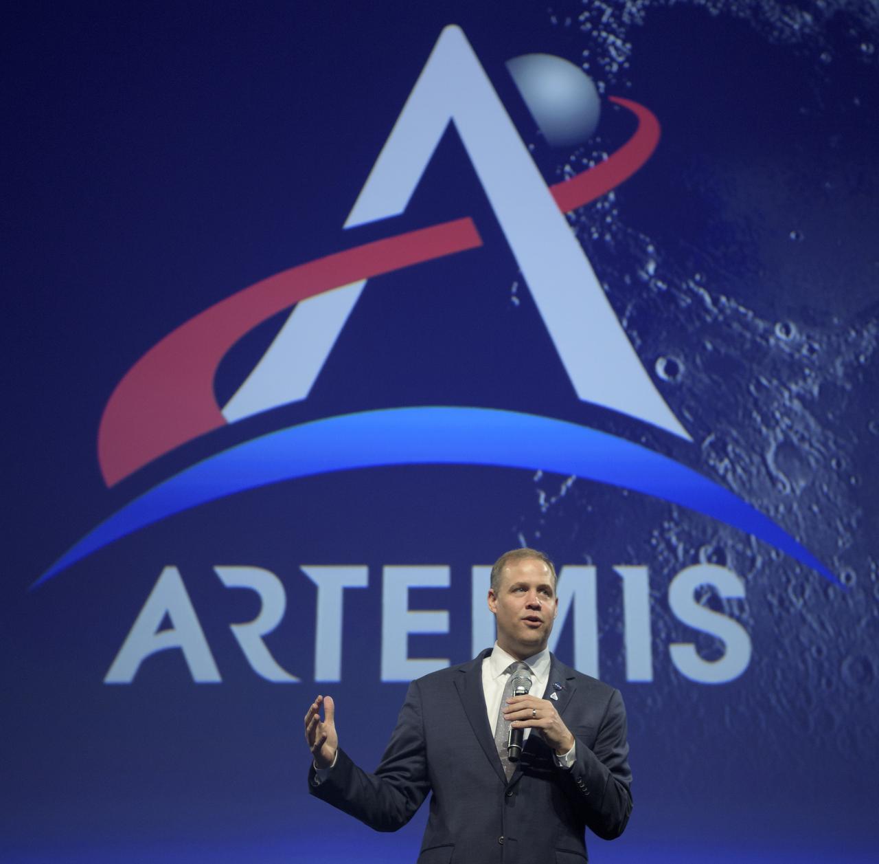 NASA Administrator Jim Bridenstine gives an update on the agency’s Artemis program and the critical role international partnerships have in returning astronauts to the Moon and going on to Mars at the 70th International Astronautical Congress, Friday, Oct. 25, 2019, in Washington. Photo Credit: (NASA/Bill Ingalls)
