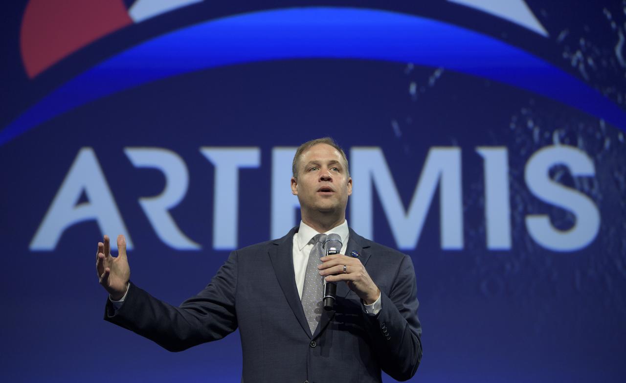 NASA Administrator Jim Bridenstine gives an update on the agency’s Artemis program and the critical role international partnerships have in returning astronauts to the Moon and going on to Mars at the 70th International Astronautical Congress, Friday, Oct. 25, 2019, in Washington. Photo Credit: (NASA/Bill Ingalls)