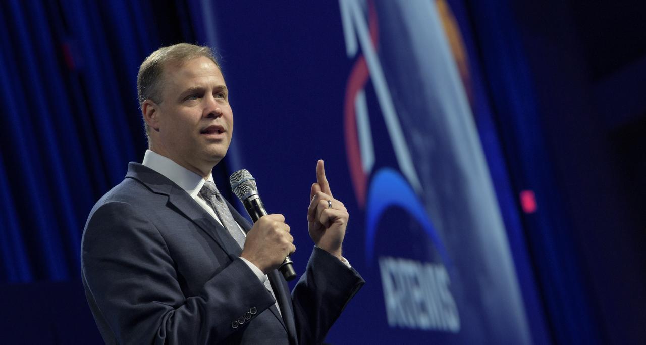 NASA Administrator Jim Bridenstine gives an update on the agency’s Artemis program and the critical role international partnerships have in returning astronauts to the Moon and going on to Mars at the 70th International Astronautical Congress, Friday, Oct. 25, 2019, in Washington. Photo Credit: (NASA/Bill Ingalls)