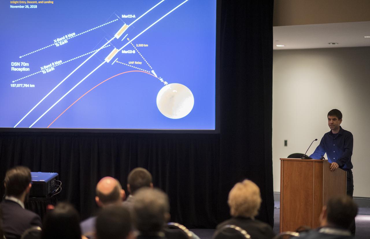 Andrew Klesh, a Mission Architect at NASA’s Jet Propulsion Laboratory is seen during a keynote titled “MarCO: Flight Results from the First Interplanetary CubeSat Mission” at the 70th International Astronautical Congress, Friday, Oct. 25, 2019, at the Walter E. Washington Convention Center in Washington. Photo Credit: (NASA/Joel Kowsky)