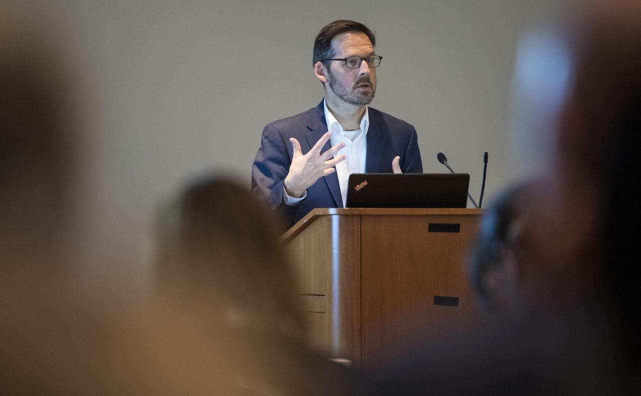 Lawrence Friedl, Director of Applied Sciences Program in NASA’s Earth Science Division, is seen during a keynote titled “50 Years of Earth Observations: The contribution to sustainable development goals and plans for the future” at the 70th International Astronautical Congress, Friday, Oct. 25, 2019, at the Walter E. Washington Convention Center in Washington. Photo Credit: (NASA/Joel Kowsky)