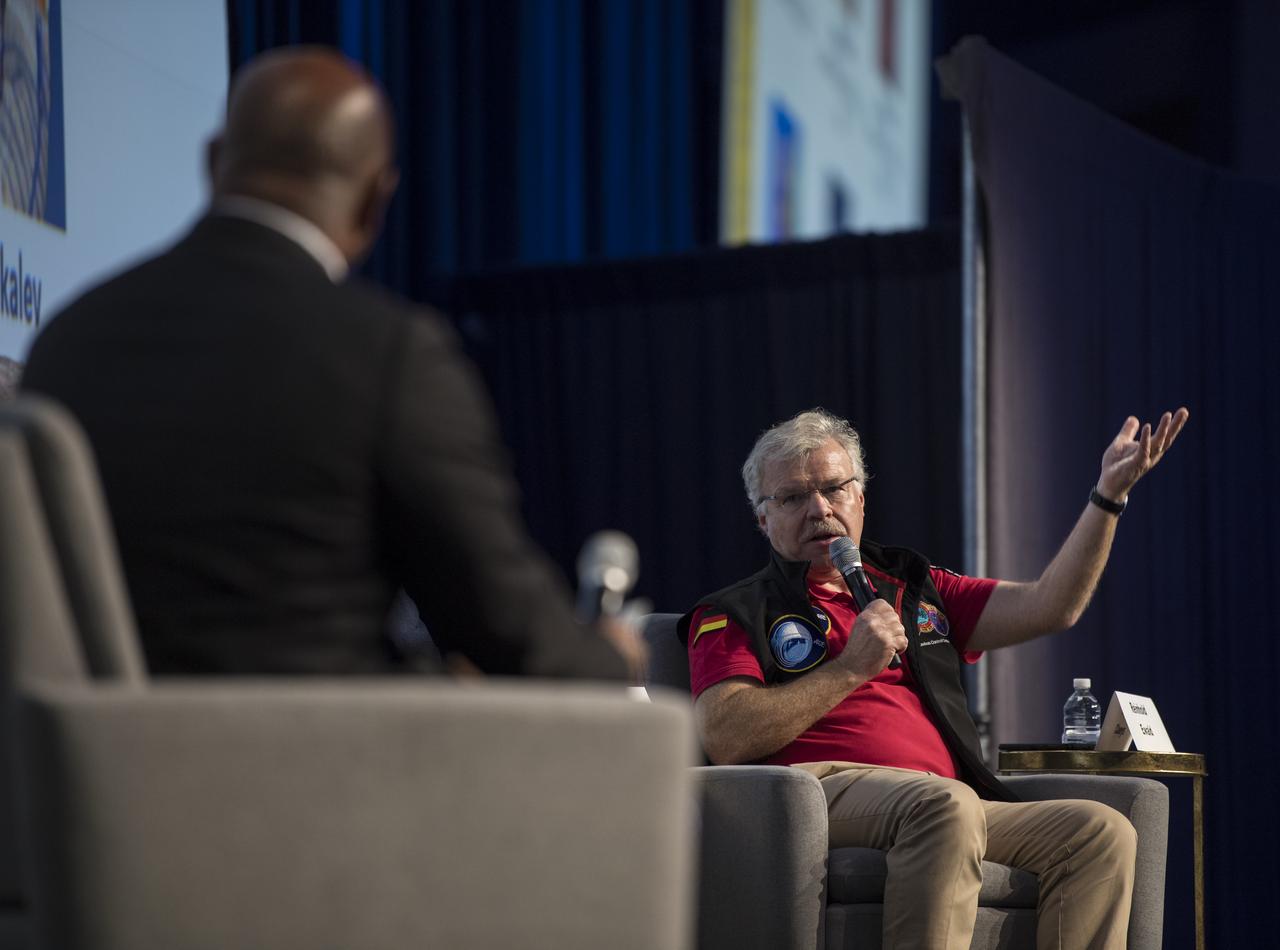 European astronaut and professor, Institute of Space Systems, Reinhold Ewald, speaks during an astronaut panel discussion at the 70th International Astronautical Congress, Friday, Oct. 25, 2019, at the Walter E. Washington Convention Center in Washington. Photo credit: (NASA/Aubrey Gemignani)