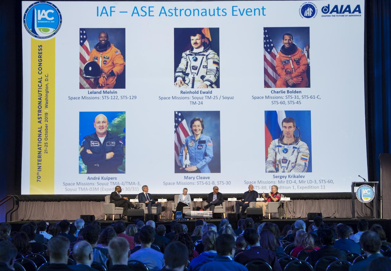 Former NASA astronaut Leland Melvin, left, moderates a panel with, from left to right, Roscosmos cosmonaut and executive director for piloted spaceflights, Sergey Krikalev; former NASA astronaut Mary Cleave; former NASA Administrator and astronaut, Charlie Bolden; ESA (European Space Agency) astronaut, André Kuipers; and European astronaut and professor, Institute of Space Systems, Reinhold Ewald, during the 70th International Astronautical Congress, Friday, Oct. 25, 2019, at the Walter E. Washington Convention Center in Washington. Photo credit: (NASA/Aubrey Gemignani)