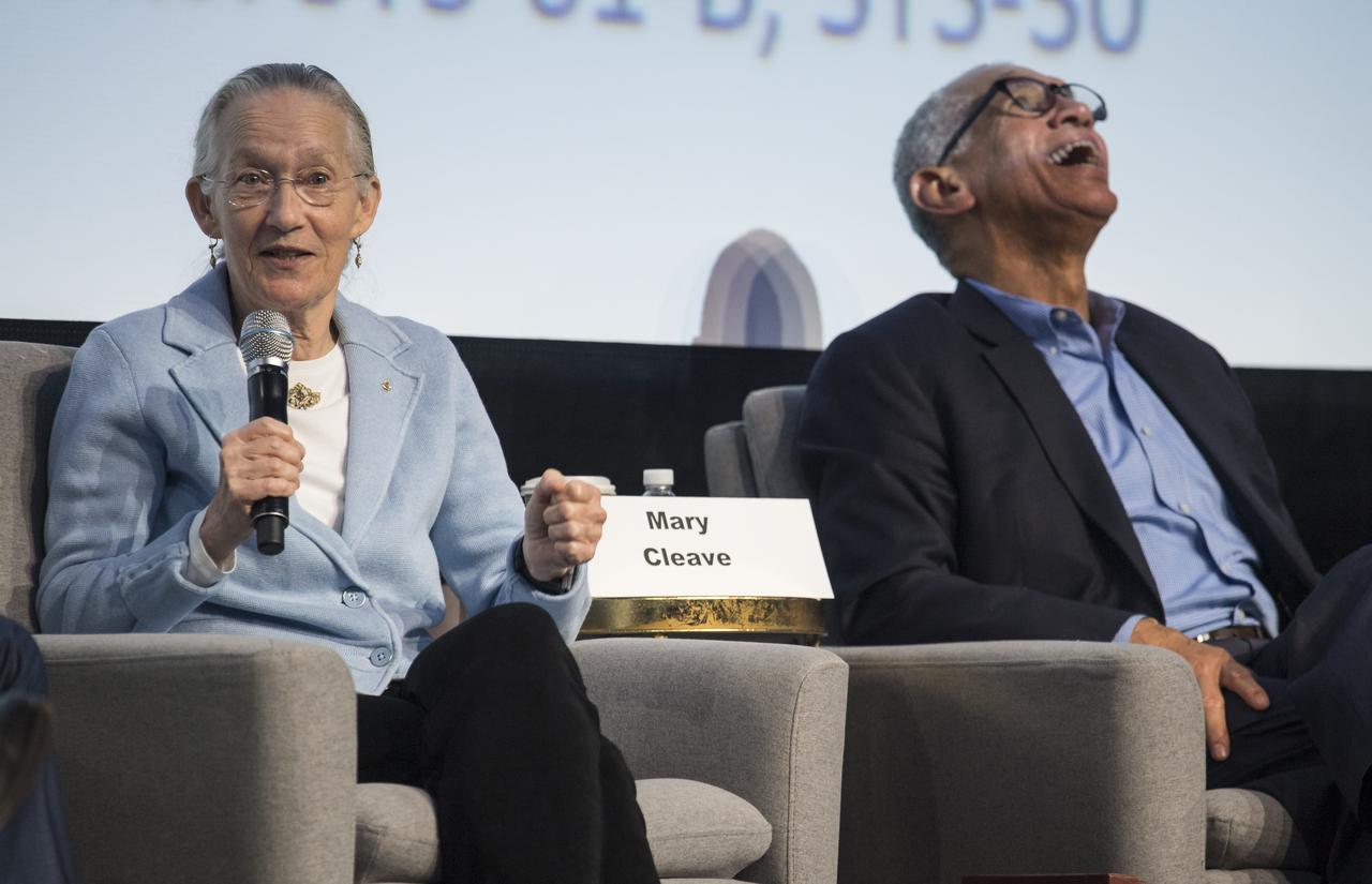 Former NASA Administrator and astronaut, Charlie Bolden, right, reacts to something former NASA astronaut Mary Cleave says, during an astronaut panel discussion at the 70th International Astronautical Congress, Friday, Oct. 25, 2019, at the Walter E. Washington Convention Center in Washington. Photo credit: (NASA/Aubrey Gemignani)