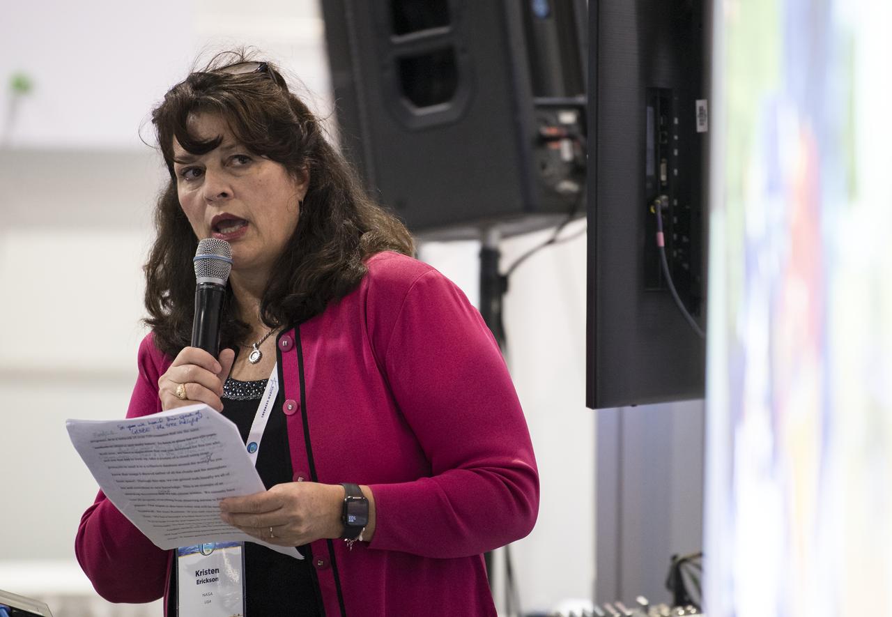 NASA's Kristen Erickson speaks about educational science resources during the 70th International Astronautical Congress, Friday, Oct. 25, 2019, at the Walter E. Washington Convention Center in Washington. Photo credit: (NASA/Aubrey Gemignani)