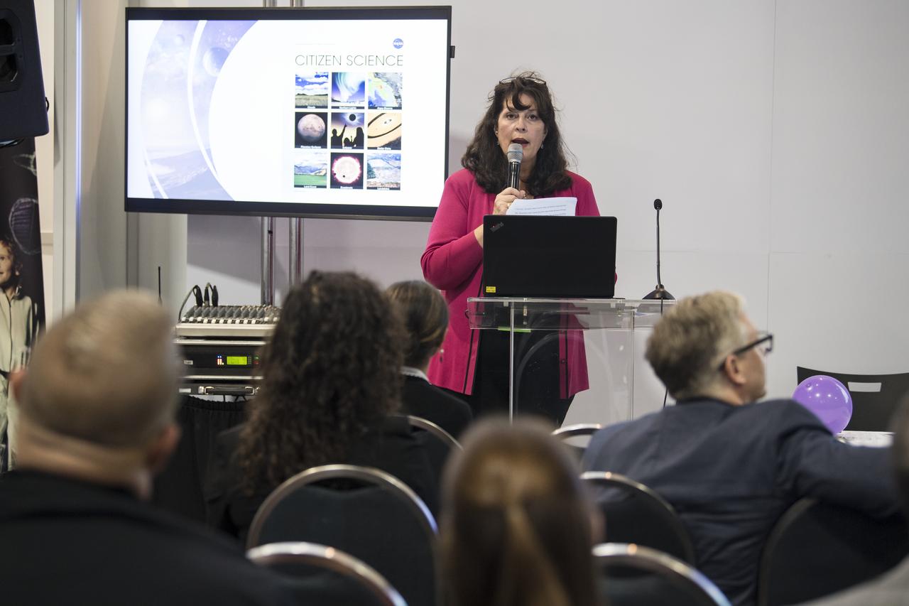 NASA's Kristen Erickson speaks about educational science resources during the 70th International Astronautical Congress, Friday, Oct. 25, 2019, at the Walter E. Washington Convention Center in Washington. Photo credit: (NASA/Aubrey Gemignani)