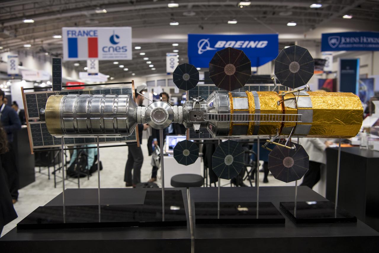 A model of the Gateway is seen at the NASA exhibit during the 70th International Astronautical Congress, Friday, Oct. 25, 2019, at the Walter E. Washington Convention Center in Washington. Photo credit: (NASA/Aubrey Gemignani)