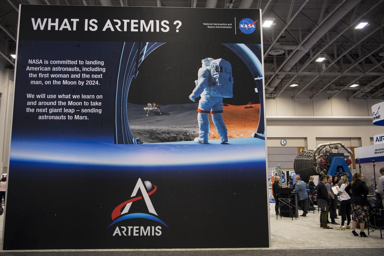 The back wall of the NASA exhibit is seen during the 70th International Astronautical Congress, Friday, Oct. 25, 2019, at the Walter E. Washington Convention Center in Washington. Photo credit: (NASA/Aubrey Gemignani)