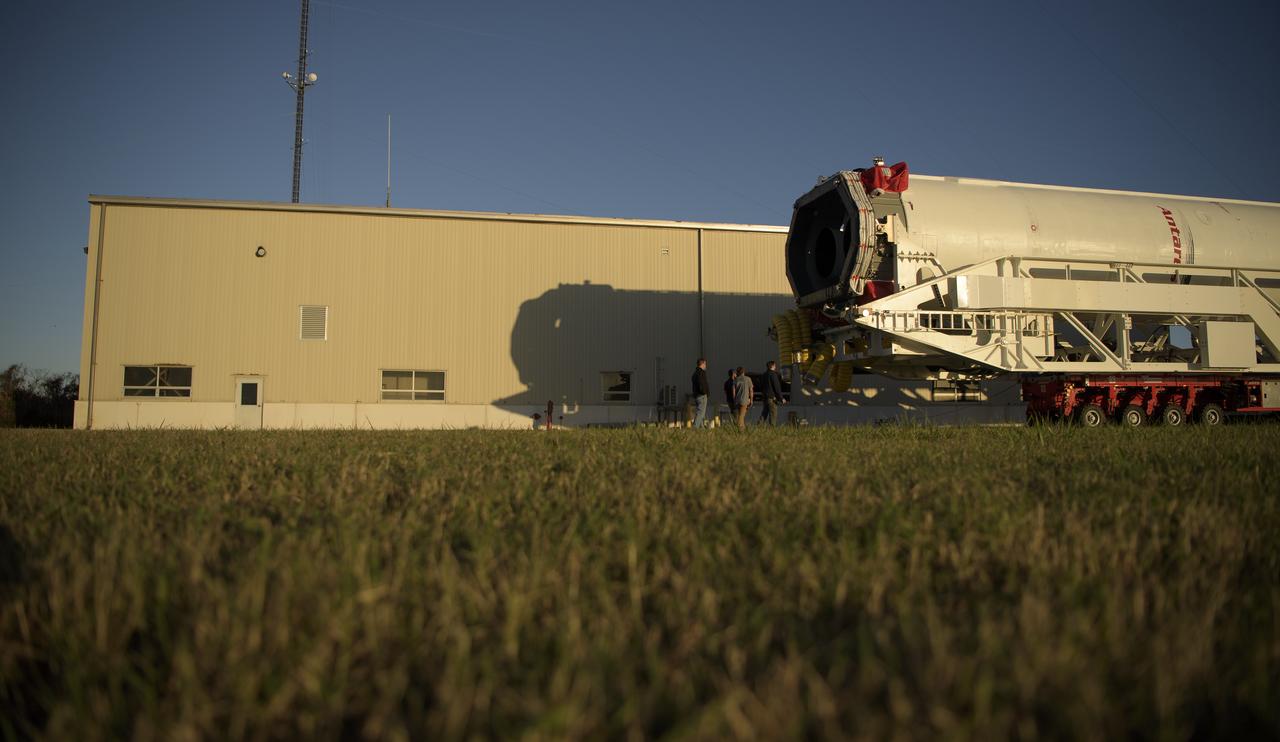 A Northrop Grumman Antares rocket is seen as it rolls out to Pad-0A, Tuesday, Oct. 29, 2019, at NASA's Wallops Flight Facility in Virginia. Northrop Grumman’s 12th contracted cargo resupply mission with NASA to the International Space Station will deliver about 8,200 pounds of science and research, crew supplies and vehicle hardware to the orbital laboratory and its crew. Launch is scheduled for 9:59 a.m. EDT Saturday, Nov. 2.  Photo Credit: (NASA/Bill Ingalls)