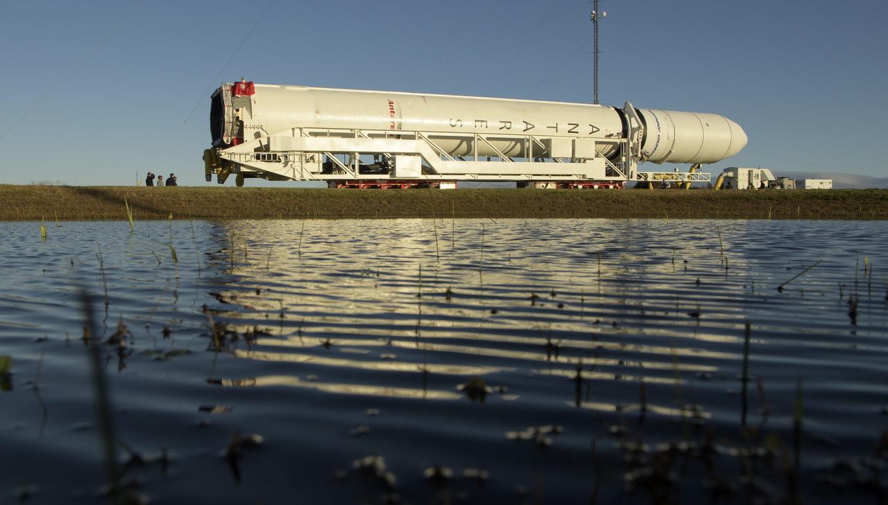 A Northrop Grumman Antares rocket is seen as it rolls out to Pad-0A, Tuesday, Oct. 29, 2019, at NASA's Wallops Flight Facility in Virginia. Northrop Grumman’s 12th contracted cargo resupply mission with NASA to the International Space Station will deliver about 8,200 pounds of science and research, crew supplies and vehicle hardware to the orbital laboratory and its crew. Launch is scheduled for 9:59 a.m. EDT Saturday, Nov. 2.  Photo Credit: (NASA/Bill Ingalls)