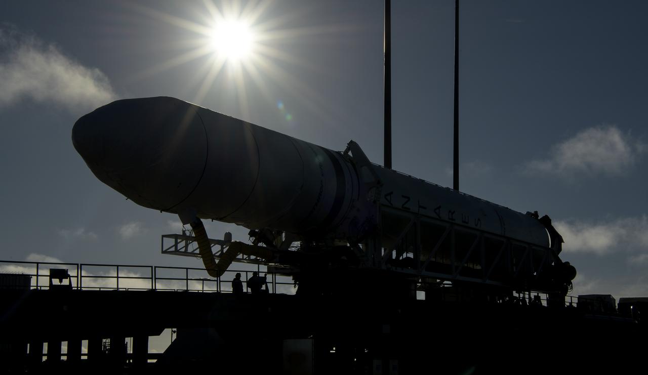 A Northrop Grumman Antares rocket arrives at launch Pad-0A, Tuesday, Oct. 29, 2019, at NASA's Wallops Flight Facility in Virginia. Northrop Grumman’s 12th contracted cargo resupply mission with NASA to the International Space Station will deliver about 8,200 pounds of science and research, crew supplies and vehicle hardware to the orbital laboratory and its crew. Launch is scheduled for 9:59 a.m. EDT Saturday, Nov. 2.  Photo Credit: (NASA/Bill Ingalls)