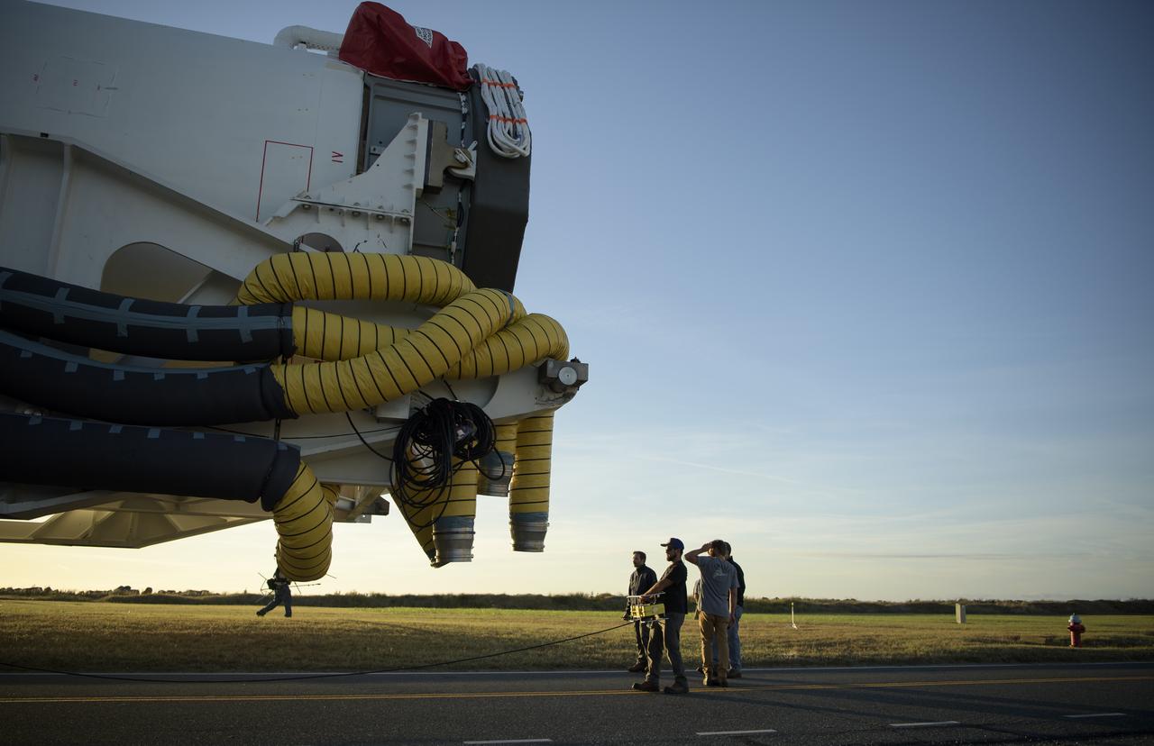 A Northrop Grumman Antares rocket is seen as it rolls out to Pad-0A, Tuesday, Oct. 29, 2019, at NASA's Wallops Flight Facility in Virginia. Northrop Grumman’s 12th contracted cargo resupply mission with NASA to the International Space Station will deliver about 8,200 pounds of science and research, crew supplies and vehicle hardware to the orbital laboratory and its crew. Launch is scheduled for 9:59 a.m. EDT Saturday, Nov. 2.  Photo Credit: (NASA/Bill Ingalls)
