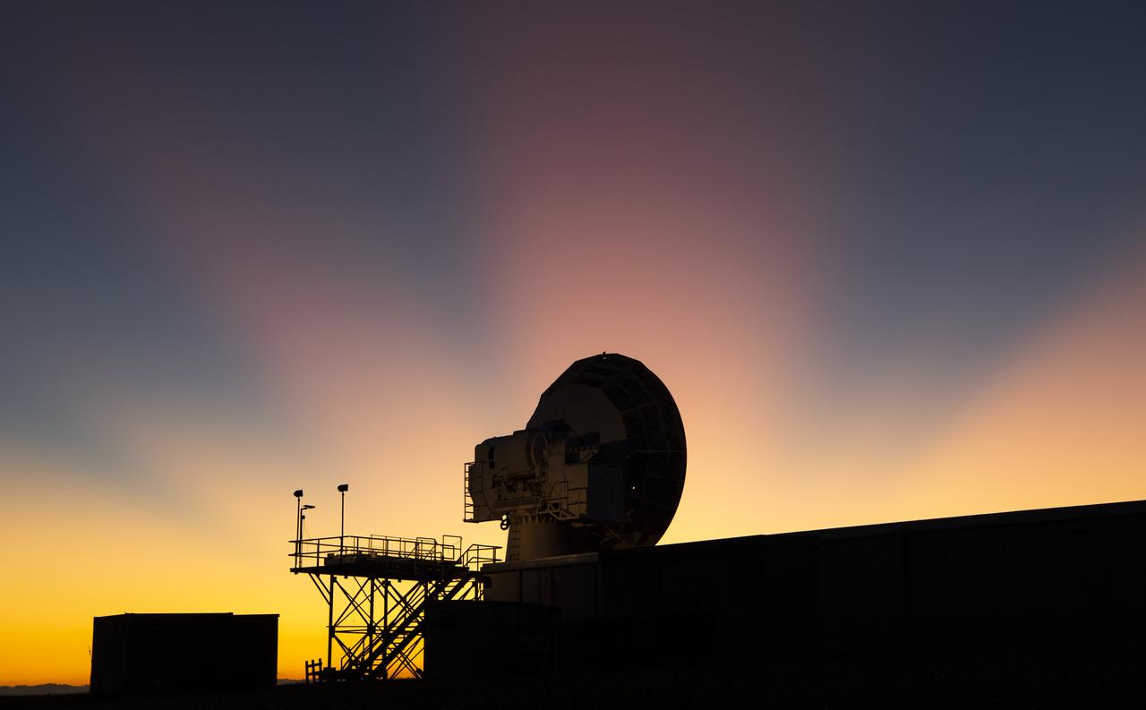 A tracking and communications antenna is seen a few hours prior to the scheduled launch of the Northrop Grumman Antares rocket, Saturday, November 2, 2019, at NASA's Wallops Flight Facility in Virginia. Northrop Grumman’s 12th contracted cargo resupply mission with NASA to the International Space Station will deliver about 8,200 pounds of science and research, crew supplies and vehicle hardware to the orbital laboratory and its crew. Photo Credit: (NASA/Bill Ingalls)