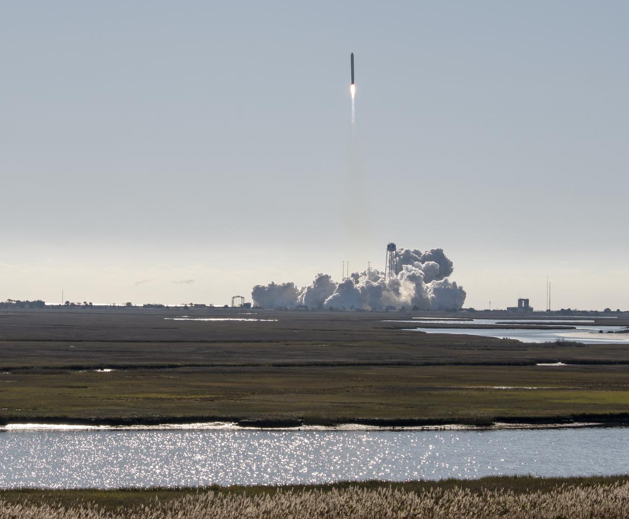 The Northrop Grumman Antares rocket, with Cygnus resupply spacecraft onboard, launches from Pad-0A of NASA's Wallops Flight Facility, Saturday, November 2, 2019, in Virginia.  Northrop Grumman’s 12th contracted cargo resupply mission with NASA to the International Space Station will deliver about 8,200 pounds of science and research, crew supplies and vehicle hardware to the orbital laboratory and its crew. Photo Credit: (NASA/Bill Ingalls)