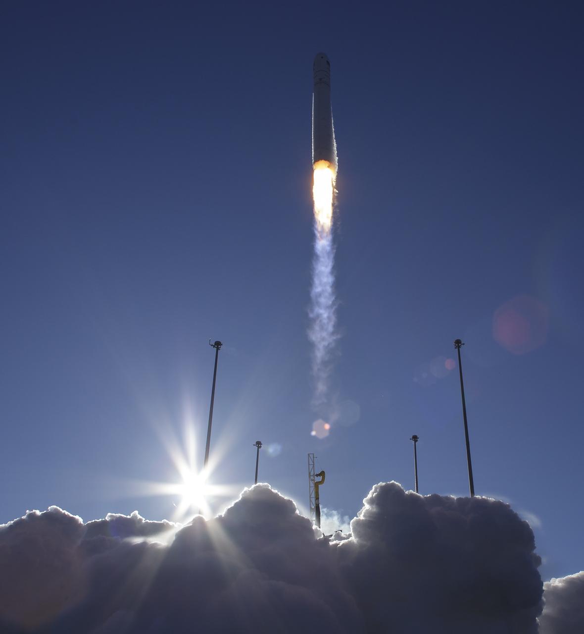 The Northrop Grumman Antares rocket, with Cygnus resupply spacecraft onboard, launches from Pad-0A of NASA's Wallops Flight Facility, Saturday, November 2, 2019, in Virginia.  Northrop Grumman’s 12th contracted cargo resupply mission with NASA to the International Space Station will deliver about 8,200 pounds of science and research, crew supplies and vehicle hardware to the orbital laboratory and its crew. Photo Credit: (NASA/Bill Ingalls)