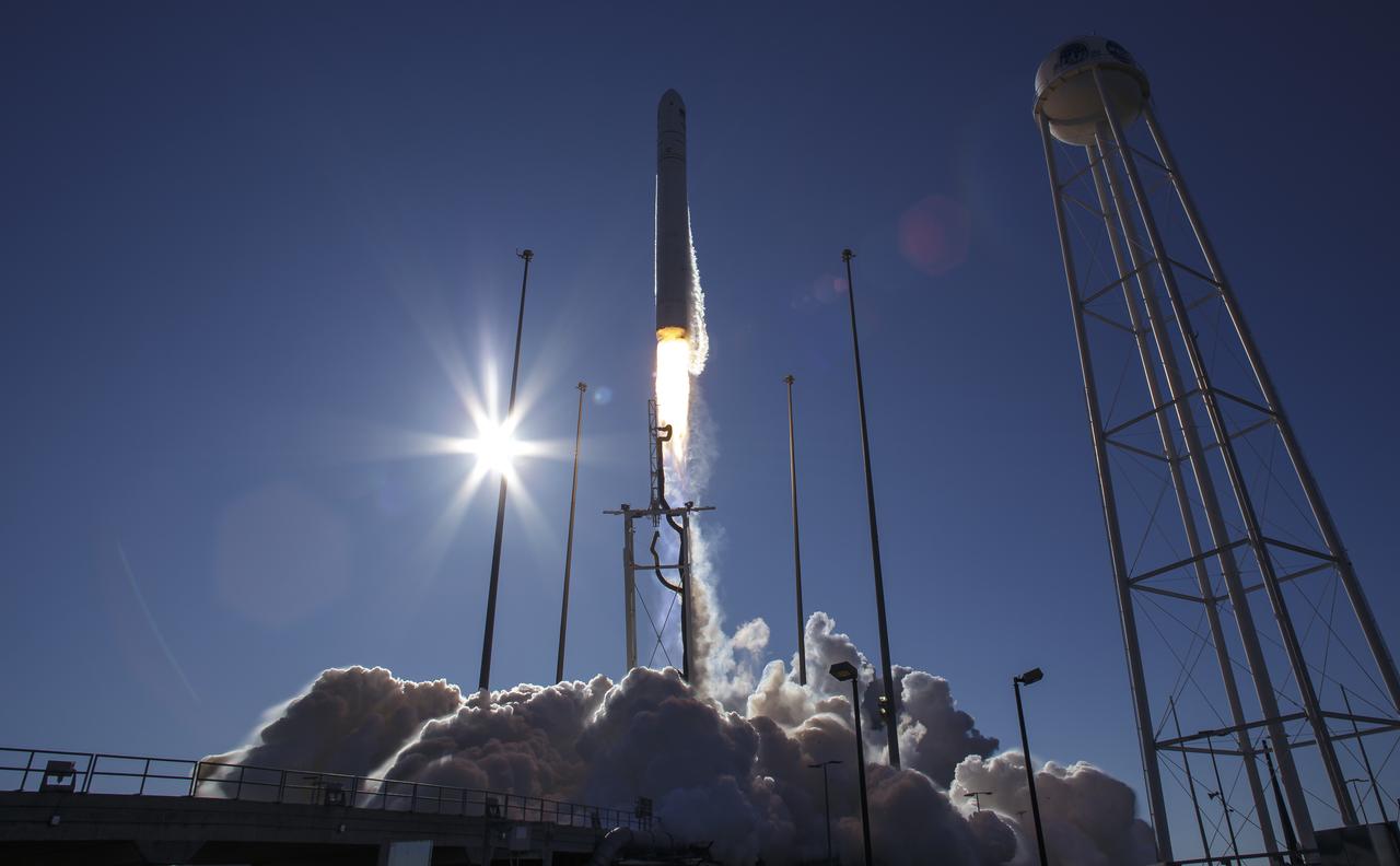 The Northrop Grumman Antares rocket, with Cygnus resupply spacecraft onboard, launches from Pad-0A of NASA's Wallops Flight Facility, Saturday, November 2, 2019, in Virginia.  Northrop Grumman’s 12th contracted cargo resupply mission with NASA to the International Space Station will deliver about 8,200 pounds of science and research, crew supplies and vehicle hardware to the orbital laboratory and its crew. Photo Credit: (NASA/Bill Ingalls)
