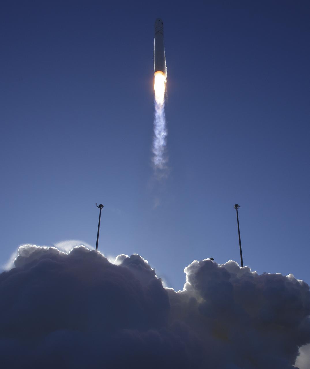 The Northrop Grumman Antares rocket, with Cygnus resupply spacecraft onboard, launches from Pad-0A of NASA's Wallops Flight Facility, Saturday, November 2, 2019, in Virginia.  Northrop Grumman’s 12th contracted cargo resupply mission with NASA to the International Space Station will deliver about 8,200 pounds of science and research, crew supplies and vehicle hardware to the orbital laboratory and its crew. Photo Credit: (NASA/Bill Ingalls)