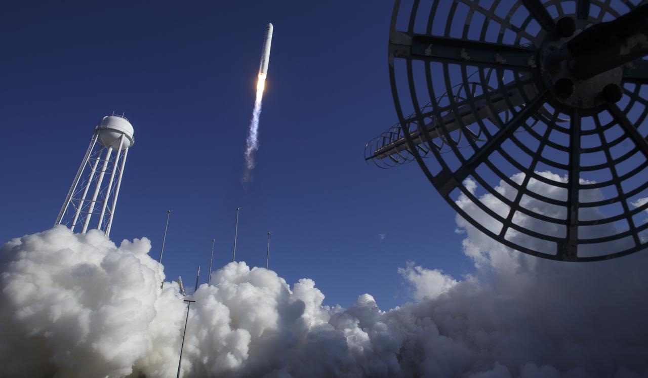 The Northrop Grumman Antares rocket, with Cygnus resupply spacecraft onboard, launches from Pad-0A of NASA's Wallops Flight Facility, Saturday, November 2, 2019, in Virginia.  Northrop Grumman’s 12th contracted cargo resupply mission with NASA to the International Space Station will deliver about 8,200 pounds of science and research, crew supplies and vehicle hardware to the orbital laboratory and its crew. Photo Credit: (NASA/Bill Ingalls)