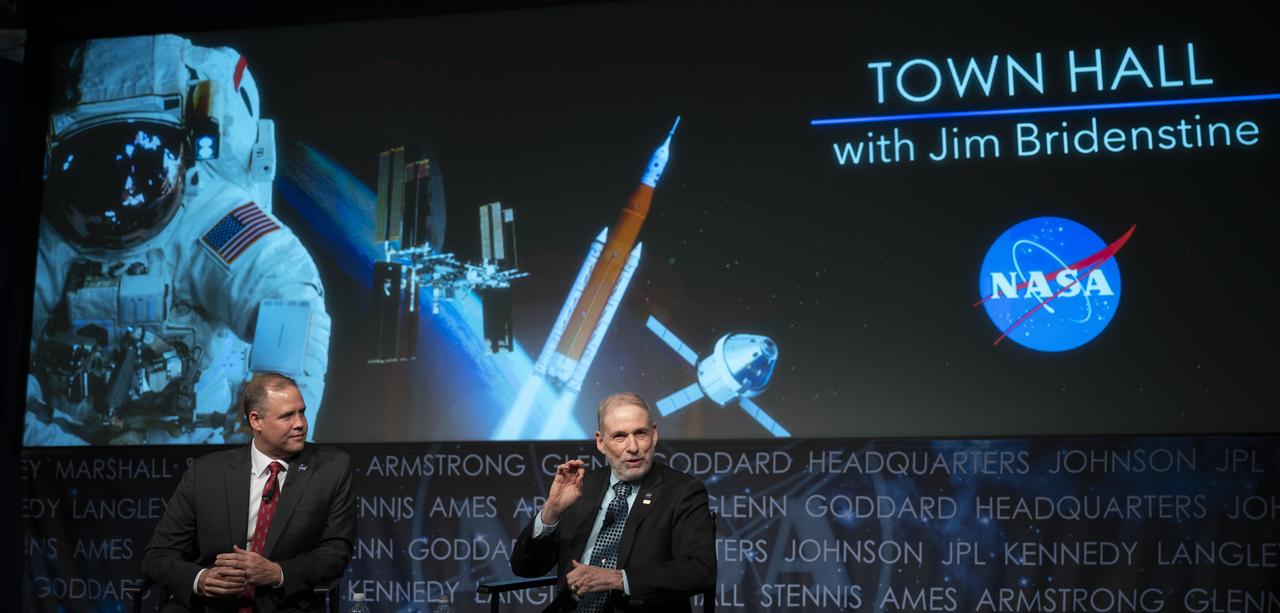 NASA Administrator Jim Bridenstine, left, and NASA Associate Administrator for the Human Exploration and Operations Mission Directorate Douglas Loverro, right, are seen during a NASA town hall event, Tuesday, Dec. 3, 2019, at NASA Headquarters in Washington. Photo Credit: (NASA/Joel Kowsky)