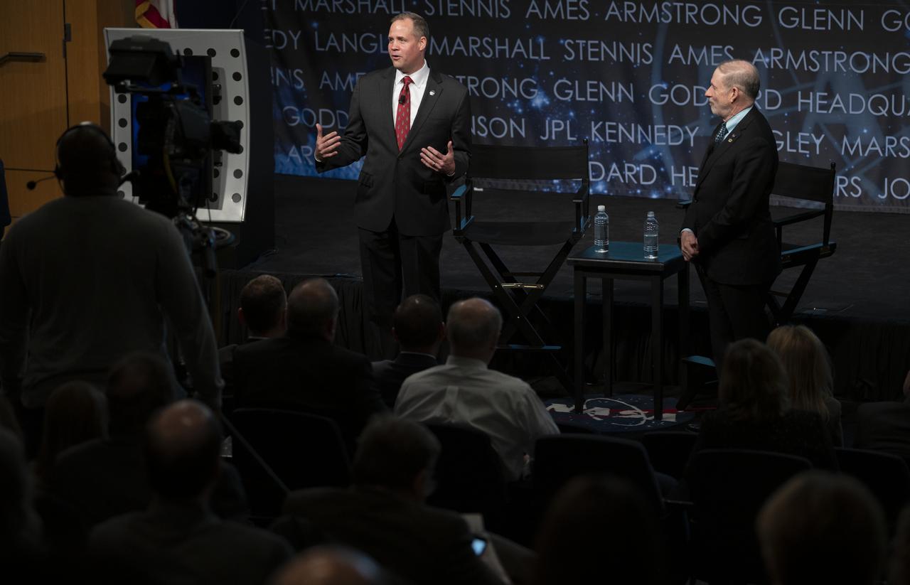 NASA Administrator Jim Bridenstine, left, and NASA Associate Administrator for the Human Exploration and Operations Mission Directorate Douglas Loverro, right, are seen during a NASA town hall event, Tuesday, Dec. 3, 2019, at NASA Headquarters in Washington. Photo Credit: (NASA/Joel Kowsky)