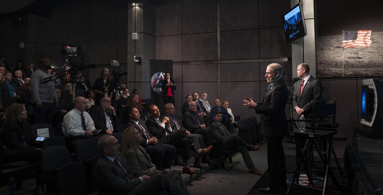 NASA Associate Administrator for the Human Exploration and Operations Mission Directorate Douglas Loverro, left, and NASA Administrator Jim Bridenstine are seen during a NASA town hall event, Tuesday, Dec. 3, 2019, at NASA Headquarters in Washington. Photo Credit: (NASA/Joel Kowsky)