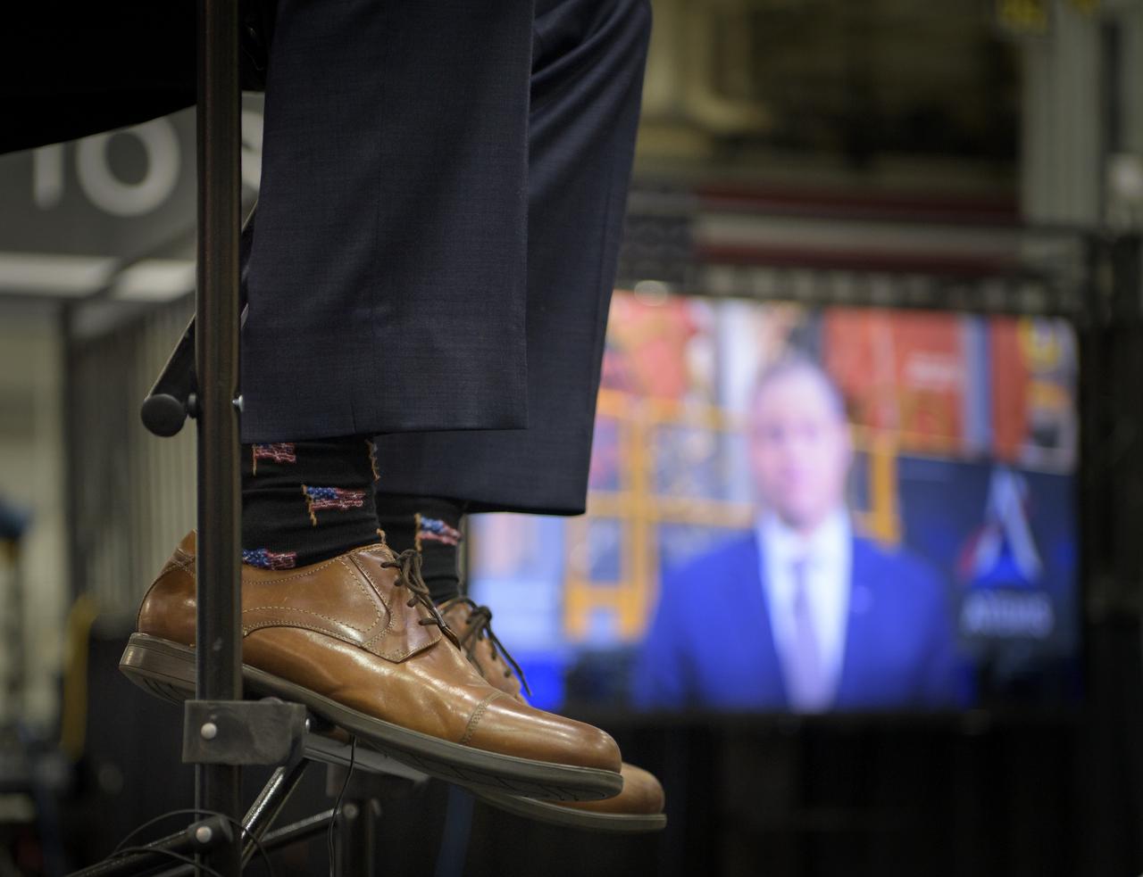 NASA Administrator Jim Bridenstine gives live television interviews prior to giving remarks for an Artemis day program, Monday, Dec. 9, 2019, at NASA’s Michoud Assembly Facility in New Orleans. Through Artemis NASA will land the first woman and next man on the Moon by 2024. Photo Credit: (NASA/Bill Ingalls)
