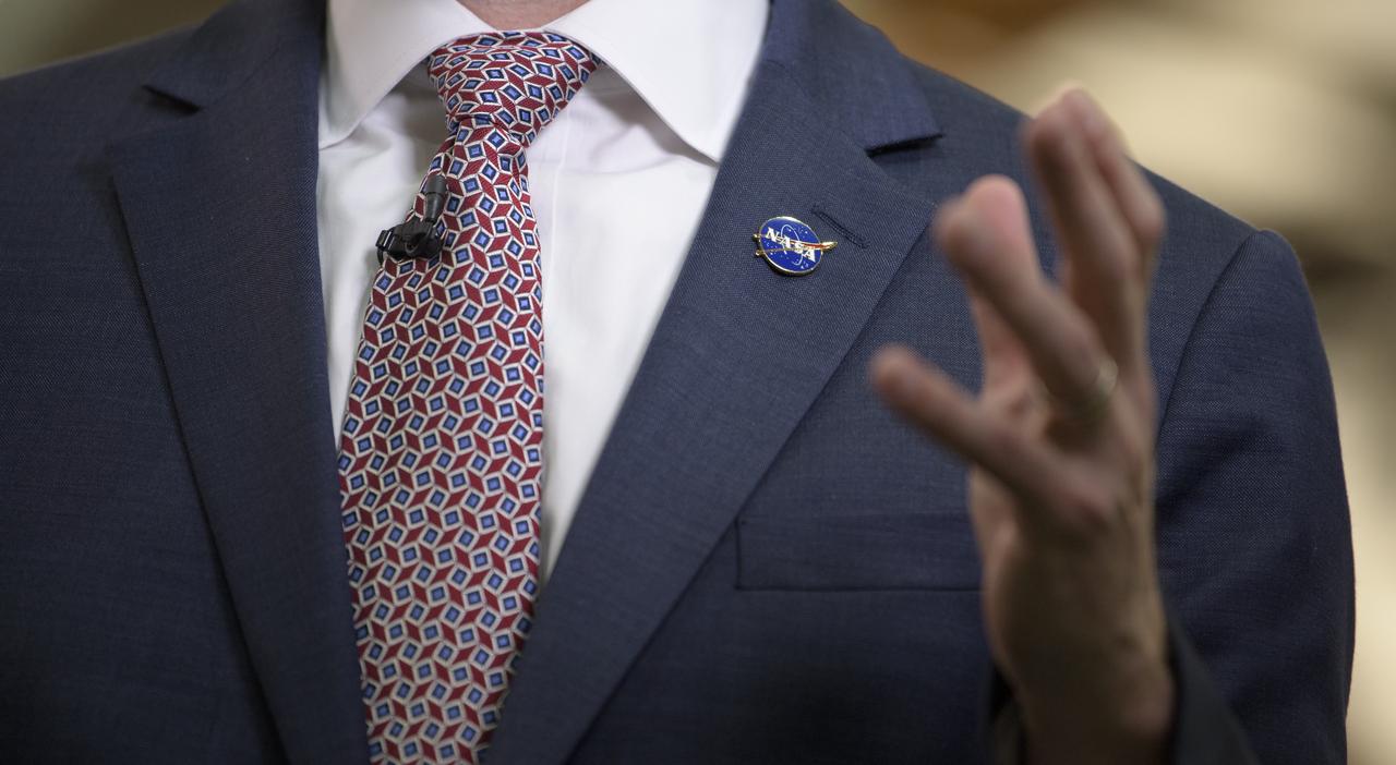 NASA Administrator Jim Bridenstine gives live television interviews prior to giving remarks for an Artemis day program, Monday, Dec. 9, 2019, at NASA’s Michoud Assembly Facility in New Orleans. Through Artemis NASA will land the first woman and next man on the Moon by 2024. Photo Credit: (NASA/Bill Ingalls)