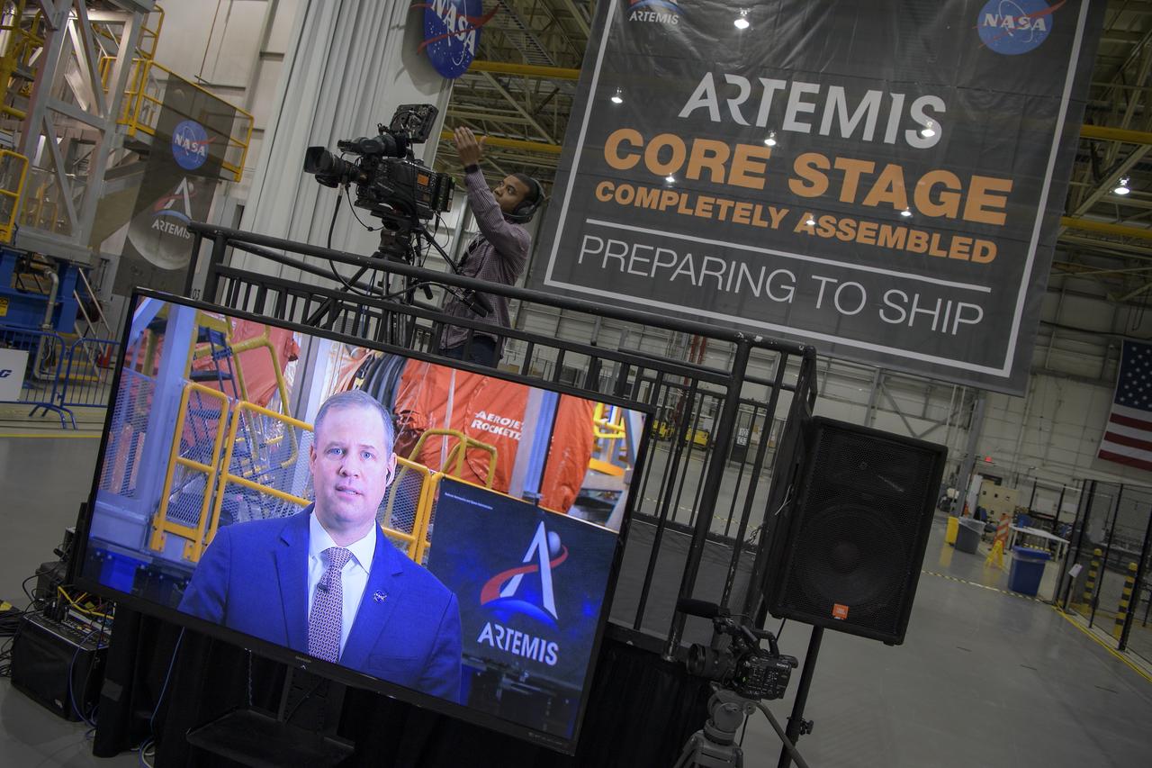 NASA Administrator Jim Bridenstine gives live television interviews prior to giving remarks for an Artemis day program, Monday, Dec. 9, 2019, at NASA’s Michoud Assembly Facility in New Orleans. Through Artemis NASA will land the first woman and next man on the Moon by 2024. Photo Credit: (NASA/Bill Ingalls)