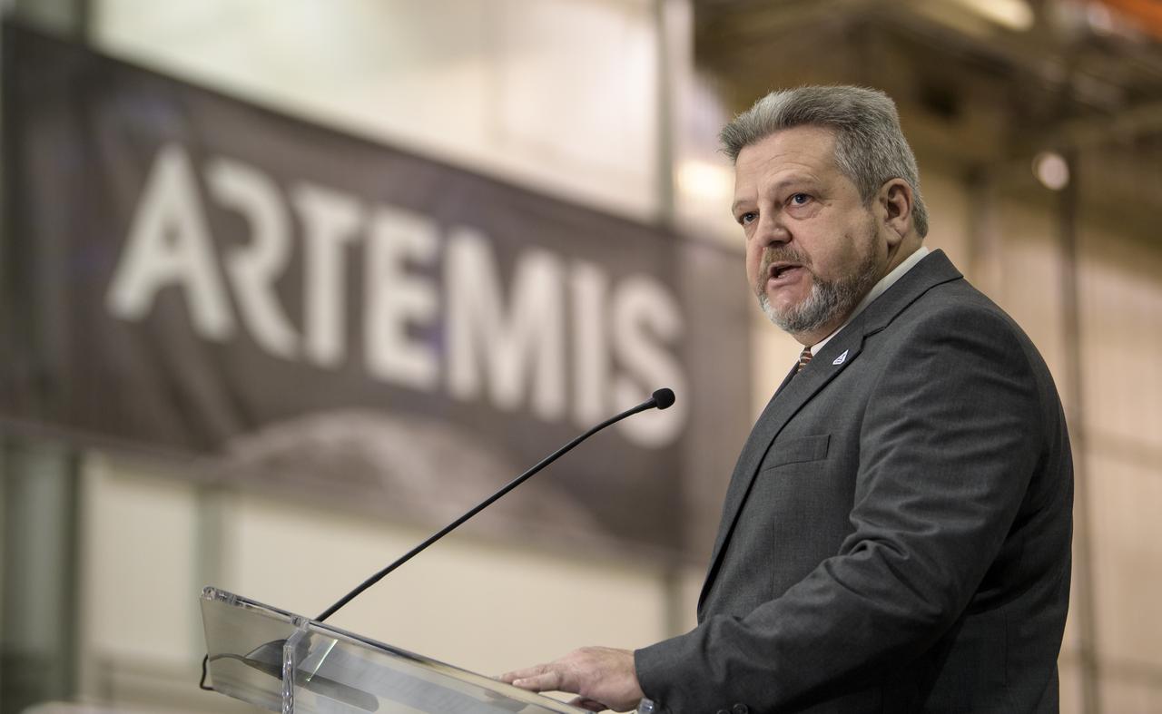 NASA Michoud Assembly Facility Director Robert Champion gives opening remarks during an Artemis day event, Monday, Dec. 9, 2019, at NASA’s Michoud Assembly Facility in New Orleans. Through Artemis NASA will land the first woman and next man on the Moon by 2024. Photo Credit: (NASA/Bill Ingalls)