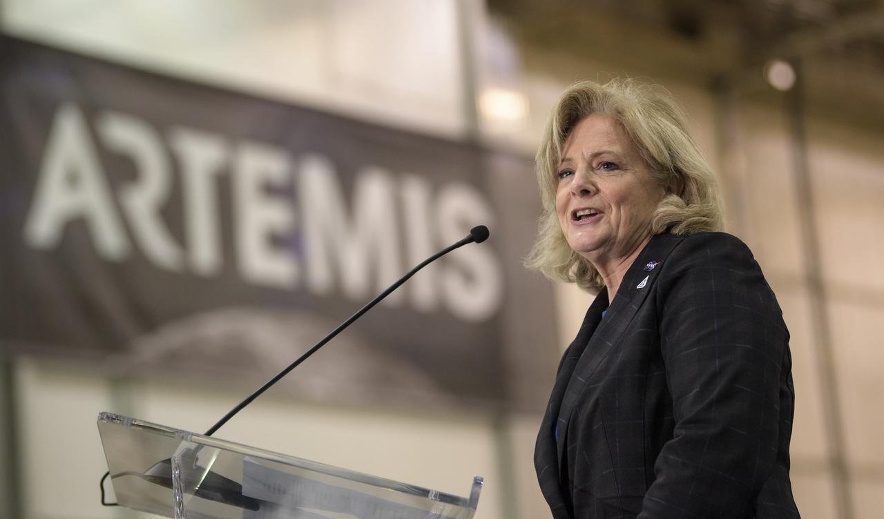 NASA Marshall Space Flight Center Director Jody Singer gives opening remarks during an Artemis day event, Monday, Dec. 9, 2019, at NASA’s Michoud Assembly Facility in New Orleans. Through Artemis NASA will land the first woman and next man on the Moon by 2024. Photo Credit: (NASA/Bill Ingalls)