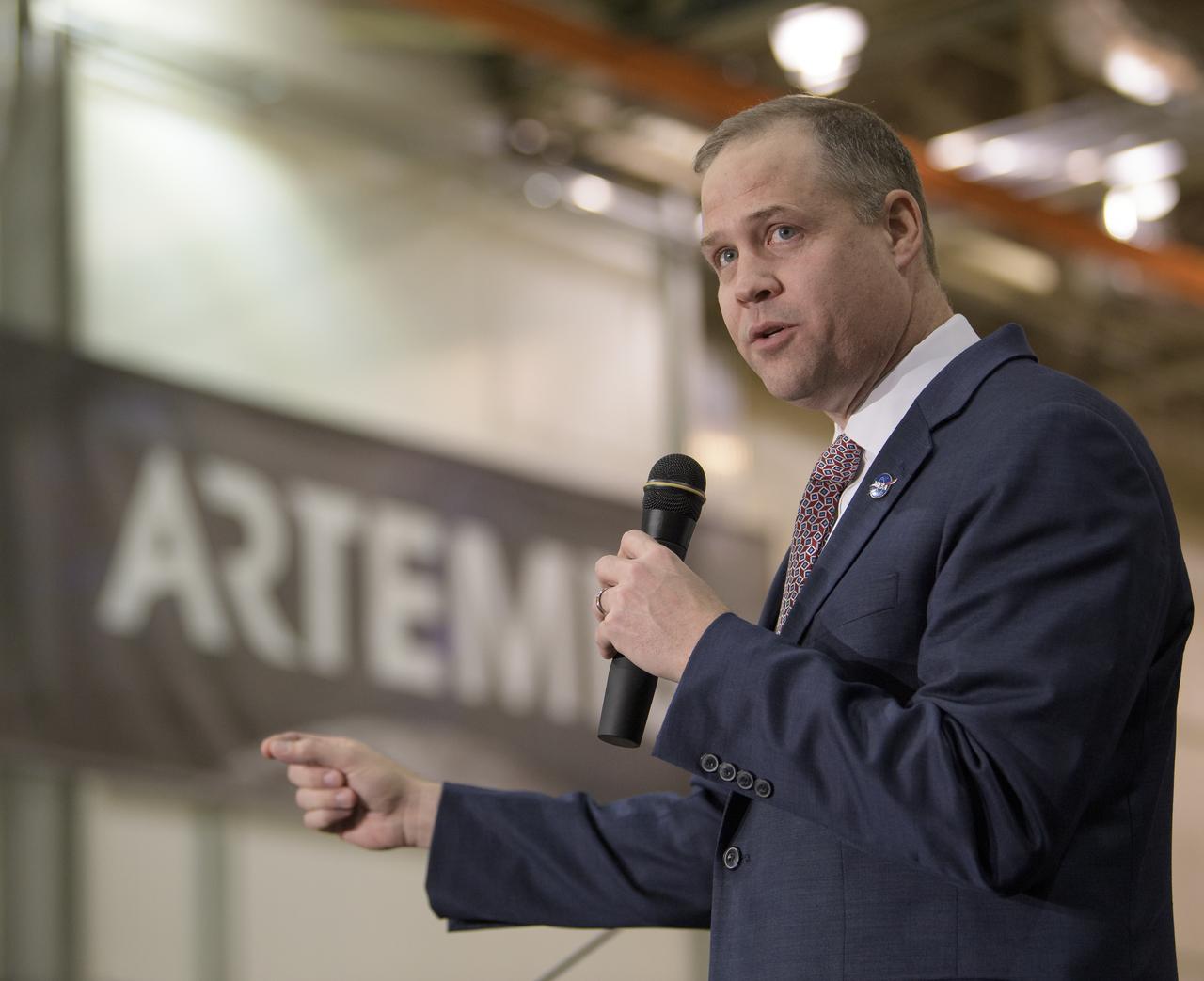 NASA Administrator Jim Bridenstine gives remarks on the agency’s Artemis program, Monday, Dec. 9, 2019, at NASA’s Michoud Assembly Facility in New Orleans. Through Artemis NASA will land the first woman and next man on the Moon by 2024. Photo Credit: (NASA/Bill Ingalls)