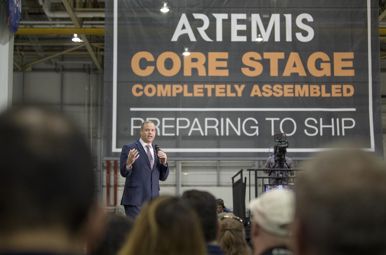 NASA Administrator Jim Bridenstine gives remarks on the agency’s Artemis program, Monday, Dec. 9, 2019, at NASA’s Michoud Assembly Facility in New Orleans. Through Artemis NASA will land the first woman and next man on the Moon by 2024. Photo Credit: (NASA/Bill Ingalls)