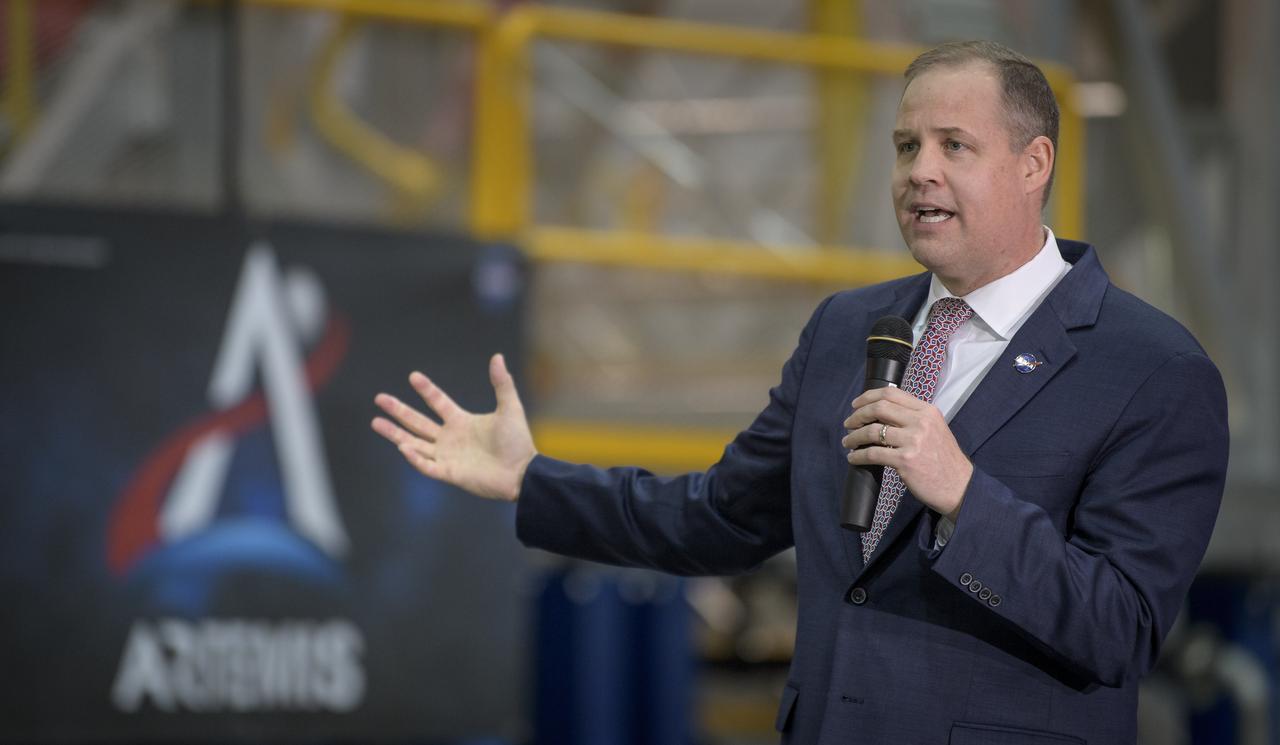 NASA Administrator Jim Bridenstine gives remarks on the agency’s Artemis program, Monday, Dec. 9, 2019, at NASA’s Michoud Assembly Facility in New Orleans. Through Artemis NASA will land the first woman and next man on the Moon by 2024. Photo Credit: (NASA/Bill Ingalls)