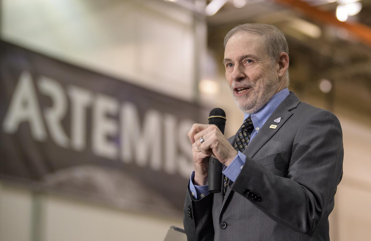 NASA Associate Administrator for the Human Exploration and Operations Mission Directorate Doug Loverro gives remarks on the agency’s Artemis program, Monday, Dec. 9, 2019, at NASA’s Michoud Assembly Facility in New Orleans. Through Artemis NASA will land the first woman and next man on the Moon by 2024. Photo Credit: (NASA/Bill Ingalls)