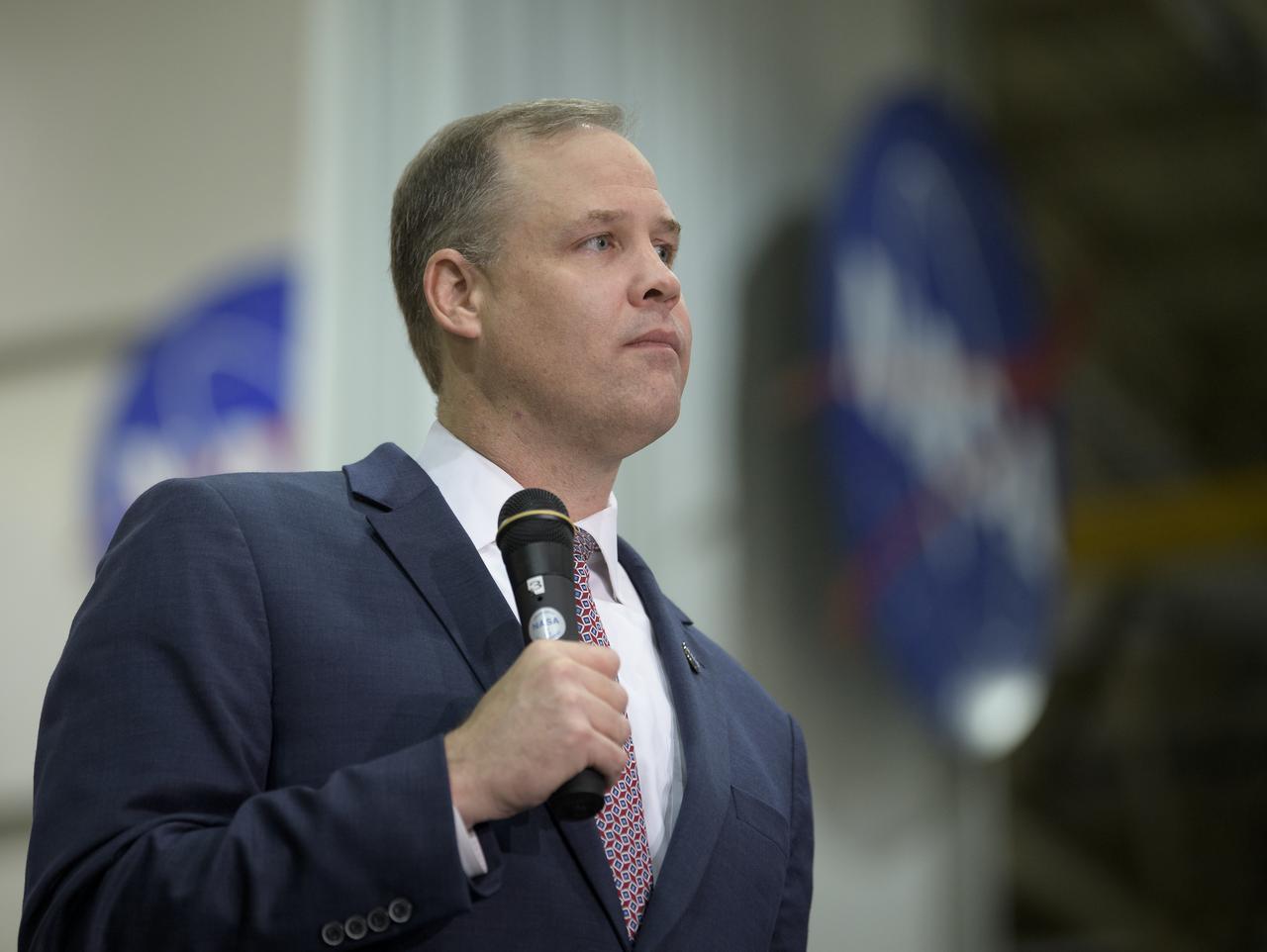 NASA Administrator Jim Bridenstine gives remarks on the agency’s Artemis program, Monday, Dec. 9, 2019, at NASA’s Michoud Assembly Facility in New Orleans. Through Artemis NASA will land the first woman and next man on the Moon by 2024. Photo Credit: (NASA/Bill Ingalls)