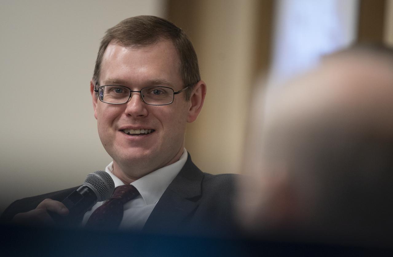 Jeff Foust, senior staff writer at SpaceNews, moderates a discussion with NASA Administrator Jim Bridenstine and NASA Associate Administrator for the Human Exploration and Operations Mission Directorate Douglas Loverro at the 3rd Annual SpaceNews Awards, Tuesday, Dec. 10, 2019, at Hogan Lovells in Washington. Photo Credit: (NASA/Joel Kowsky)