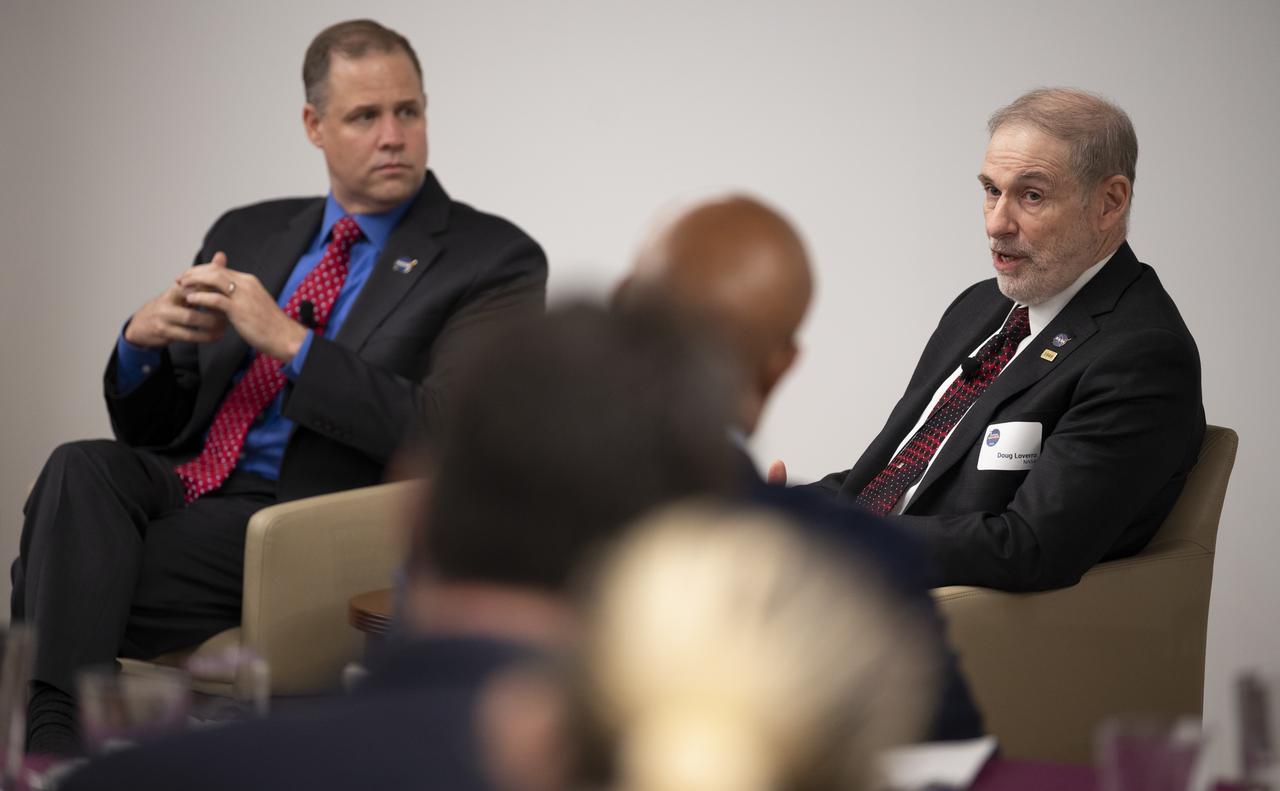 NASA Associate Administrator for the Human Exploration and Operations Mission Directorate Douglas Loverro, right, speaks along side NASA Administrator Jim Bridenstine during a discussion moderated by Jeff Foust, senior staff writer at SpaceNews at the 3rd Annual SpaceNews Awards, Tuesday, Dec. 10, 2019, at Hogan Lovells in Washington. Photo Credit: (NASA/Joel Kowsky)