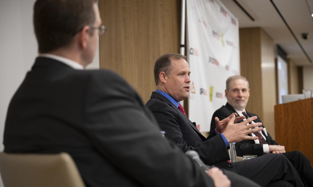 NASA Administrator Jim Bridenstine, center, speaks along side NASA Associate Administrator for the Human Exploration and Operations Mission Directorate Douglas Loverro during a discussion moderated by Jeff Foust, senior staff writer at SpaceNews, at the 3rd Annual SpaceNews Awards, Tuesday, Dec. 10, 2019, at Hogan Lovells in Washington. Photo Credit: (NASA/Joel Kowsky)