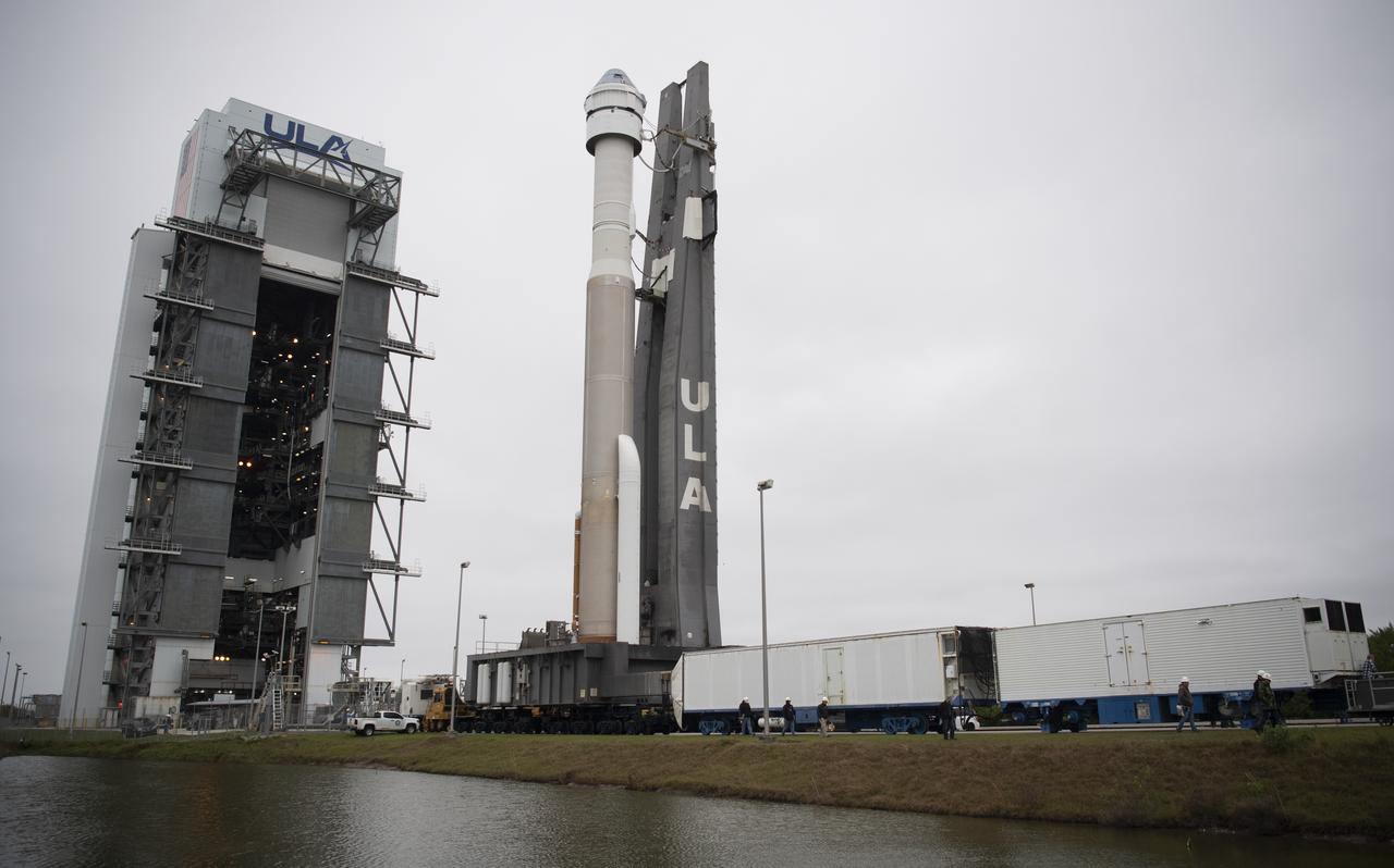 A United Launch Alliance Atlas V rocket with Boeing’s CST-100 Starliner spacecraft onboard is seen as it is rollout out of the Vertical Integration Facility to the launch pad at Space Launch Complex 41 ahead of the Orbital Flight Test mission, Wednesday, Dec. 18, 2019 at Cape Canaveral Air Force Station in Florida. The uncrewed Orbital Flight Test will be Starliner’s maiden mission to the International Space Station for NASA's Commercial Crew Program. The mission, currently targeted for a 6:26 a.m. EST launch on Dec. 20, will serve as an end-to-end test of the system's capabilities. Photo Credit: (NASA/Joel Kowsky)