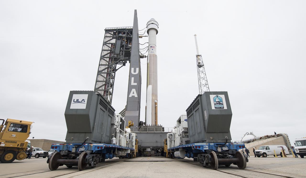 A United Launch Alliance Atlas V rocket with Boeing’s CST-100 Starliner spacecraft onboard is seen on the launch pad at Space Launch Complex 41 ahead of the Orbital Flight Test mission, Wednesday, Dec. 18, 2019 at Cape Canaveral Air Force Station in Florida. The uncrewed Orbital Flight Test with be Starliner’s maiden mission to the International Space Station for NASA's Commercial Crew Program. The mission, currently targeted for a 6:26 a.m. EST launch on Dec. 20, will serve as an end-to-end test of the system's capabilities. Photo Credit: (NASA/Joel Kowsky)