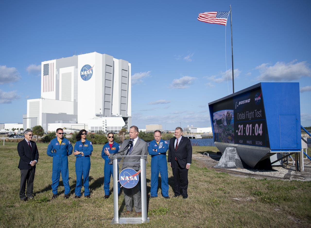 NASA Administrator Jim Bridenstine, NASA Deputy Administrator Jim Morhard, Kennedy Space Center Director Bob Cabana, and NASA Astronauts Josh Cassada and Suni Williams, who are assigned to Boeing’s first operation flight of Starliner, and NASA astronauts Nicole Mann, Michael Fincke, and Boeing astronaut Chris Ferguson, who are assigned to Boeing’s Crew Flight Test, are seen during a press conference ahead of the Boeing Orbital Flight Test mission, Thursday, Dec. 19, 2019, at NASA’s Kennedy Space Center in Florida. The uncrewed Orbital Flight Test will be Starliner’s maiden mission to the International Space Station for NASA's Commercial Crew Program. The mission, currently targeted for a 6:36 a.m. EST launch on Dec. 20, will serve as an end-to-end test of the system's capabilities. Photo Credit: (NASA/Joel Kowsky)