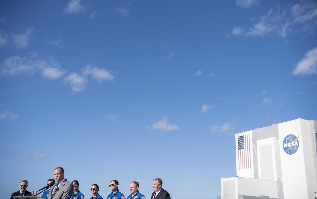 NASA Administrator Jim Bridenstine, NASA Deputy Administrator Jim Morhard, Kennedy Space Center Director Bob Cabana, and NASA Astronauts Josh Cassada and Suni Williams, who are assigned to Boeing’s first operation flight of Starliner, and NASA astronauts Nicole Mann, Michael Fincke, and Boeing astronaut Chris Ferguson, who are assigned to Boeing’s Crew Flight Test, are seen during a press conference ahead of the Boeing Orbital Flight Test mission, Thursday, Dec. 19, 2019 at NASA’s Kennedy Space Center in Florida. The uncrewed Orbital Flight Test will be Starliner’s maiden mission to the International Space Station for NASA's Commercial Crew Program. The mission, currently targeted for a 6:36 a.m. EST launch on Dec. 20, will serve as an end-to-end test of the system's capabilities. Photo Credit: (NASA/Joel Kowsky)
