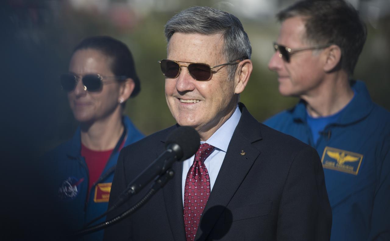 Kennedy Space Center Director Bob Cabana delivers opening remarks at a press conference ahead of the Boeing Orbital Flight Test mission, Thursday, Dec. 19, 2019, at NASA’s Kennedy Space Center in Florida. The uncrewed Orbital Flight Test will be Starliner’s maiden mission to the International Space Station for NASA's Commercial Crew Program. The mission, currently targeted for a 6:36 a.m. EST launch on Dec. 20, will serve as an end-to-end test of the system's capabilities. Photo Credit: (NASA/Joel Kowsky)
