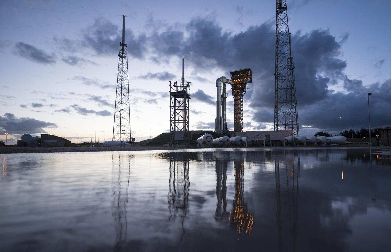 A United Launch Alliance Atlas V rocket with Boeing’s CST-100 Starliner spacecraft onboard is seen on the launch pad at Space Launch Complex 41 ahead of the Orbital Flight Test mission, Thursday, Dec. 19, 2019, at Cape Canaveral Air Force Station in Florida. The uncrewed Orbital Flight Test will be Starliner’s maiden mission to the International Space Station for NASA's Commercial Crew Program. The mission, currently targeted for a 6:36 a.m. EST launch on Dec. 20, will serve as an end-to-end test of the system's capabilities. Photo Credit: (NASA/Joel Kowsky)