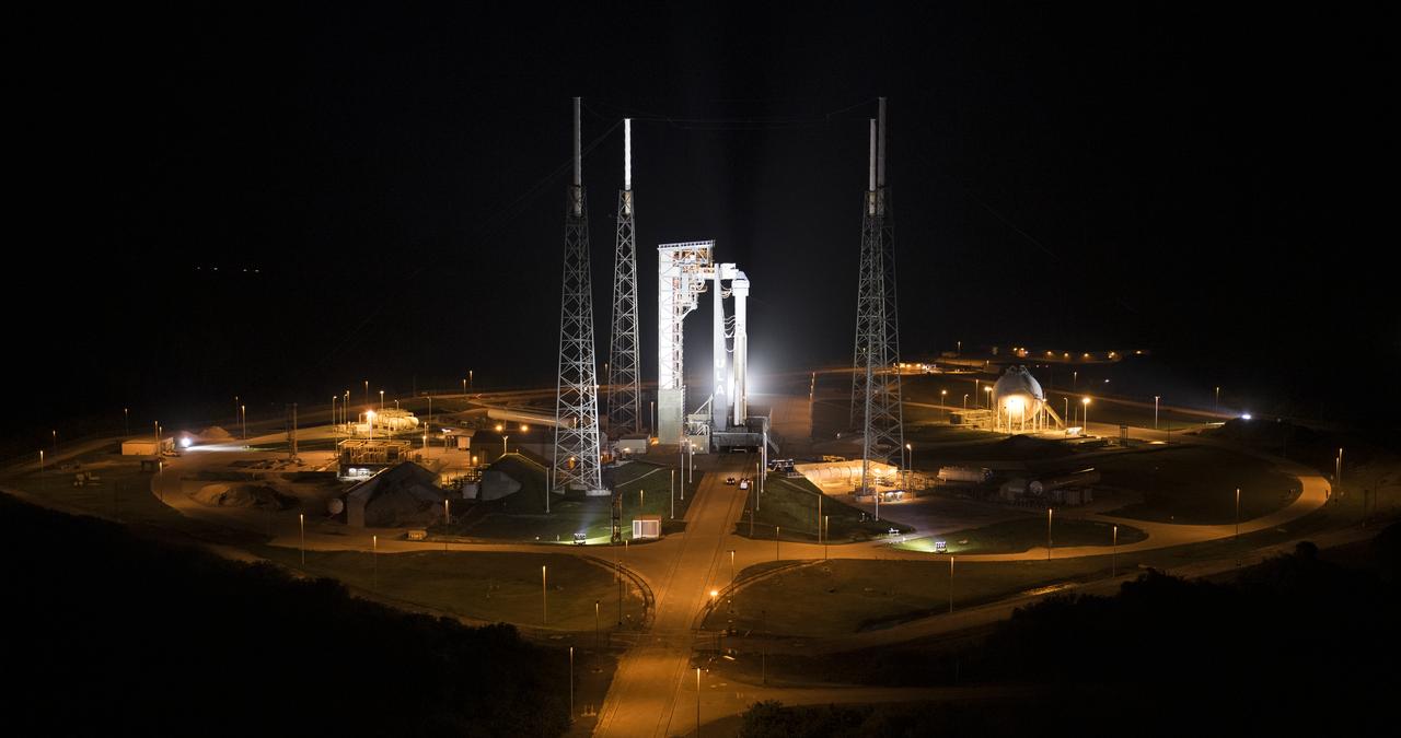 A United Launch Alliance Atlas V rocket with Boeing’s CST-100 Starliner spacecraft onboard is seen on the launch pad at Space Launch Complex 41 ahead of the Orbital Flight Test mission, Thursday, Dec. 19, 2019, at Cape Canaveral Air Force Station in Florida. The uncrewed Orbital Flight Test will be Starliner’s maiden mission to the International Space Station for NASA's Commercial Crew Program. The mission, currently targeted for a 6:36 a.m. EST launch on Dec. 20, will serve as an end-to-end test of the system's capabilities. Photo Credit: (NASA/Joel Kowsky)
