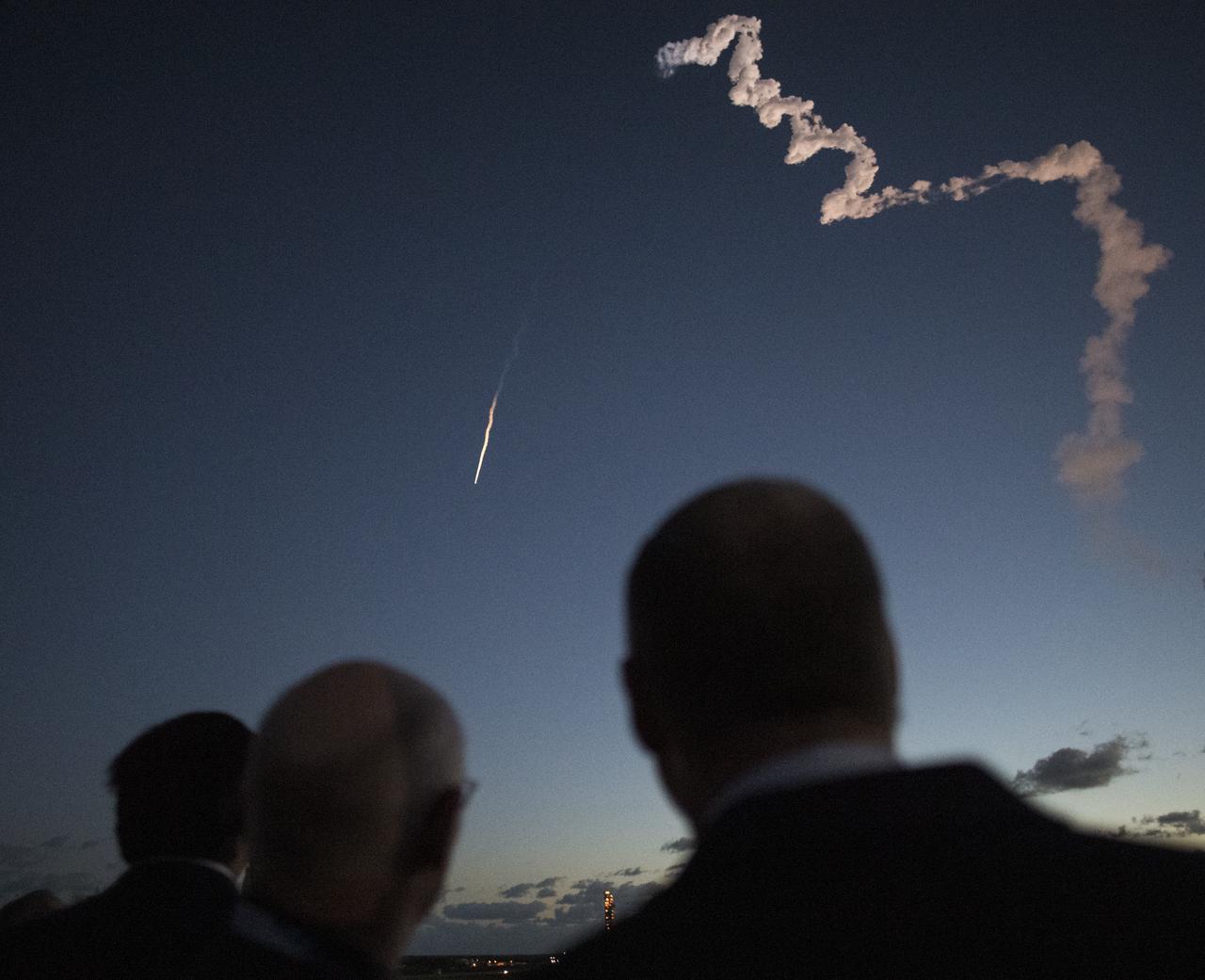 Florida Gov. Ron DeSantis (R), left, Tory Bruno, president and CEO of United Launch Alliance, and NASA Administrator Jim Bridenstine watch as a United Launch Alliance Atlas V rocket with Boeing’s CST-100 Starliner spacecraft onbaord launches from Space Launch Complex 41 at Cape Canaveral Air Force Station, Friday, Dec. 20, 2019, from NASA’s Kennedy Space Center in Florida. The uncrewed Orbital Flight Test launched at 6:36 a.m. EST and is Starliner’s maiden mission to the International Space Station for NASA's Commercial Crew Program. The mission will serve as an end-to-end test of the system's capabilities. Photo Credit: (NASA/Joel Kowsky)