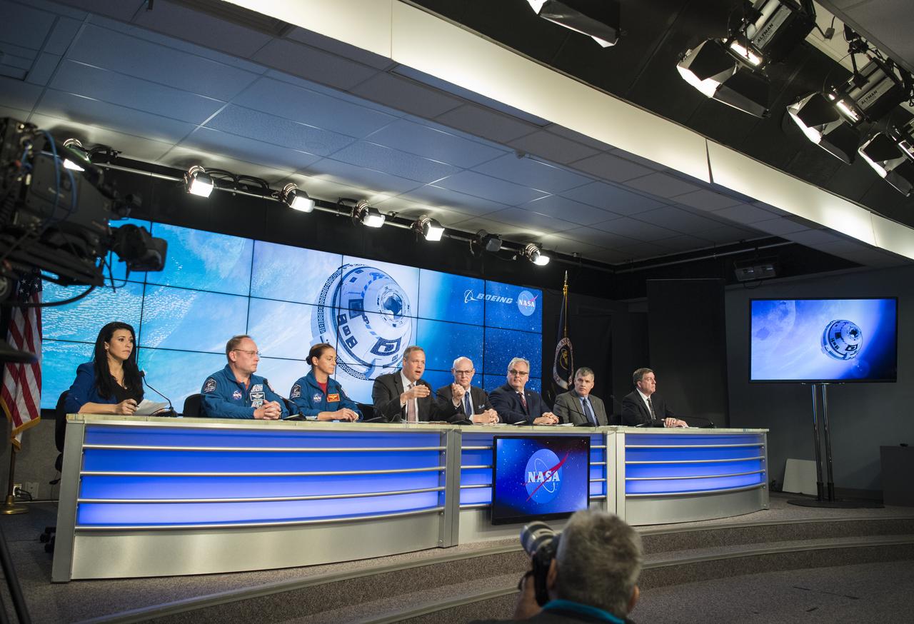 NASA Associate Administrator for the Office of Communications Bettina Inclán, left, NASA astronauts Michael Fincke and Nicole Mann, NASA Administrator Jim Bridenstine, Tory Bruno, president and CEO of United Launch Alliance, Jim Chilton, senior vice president of Boeing’s Space and Launch Division, Steve Stich, Deputy Manager of NASA’s Commercial Crew Program, and NASA ISS Program Manager Kirk Shireman, are seen during a press conference at NASA's Kennedy Space Center following the launch of Boeing’s Starliner spacecraft onboard a United Launch Alliance Atlas V rocket, Friday, Dec. 20, 2019, at Cape Canaveral Air Force Station in Florida. After a successful launch at 6:36 a.m. EST, Boeing’s CST-100 Starliner is in an unplanned, but stable orbit. The team is assessing what test objectives can be achieved before the spacecraft’s return to land in White Sands, New Mexico. Photo Credit: (NASA/Joel Kowsky)