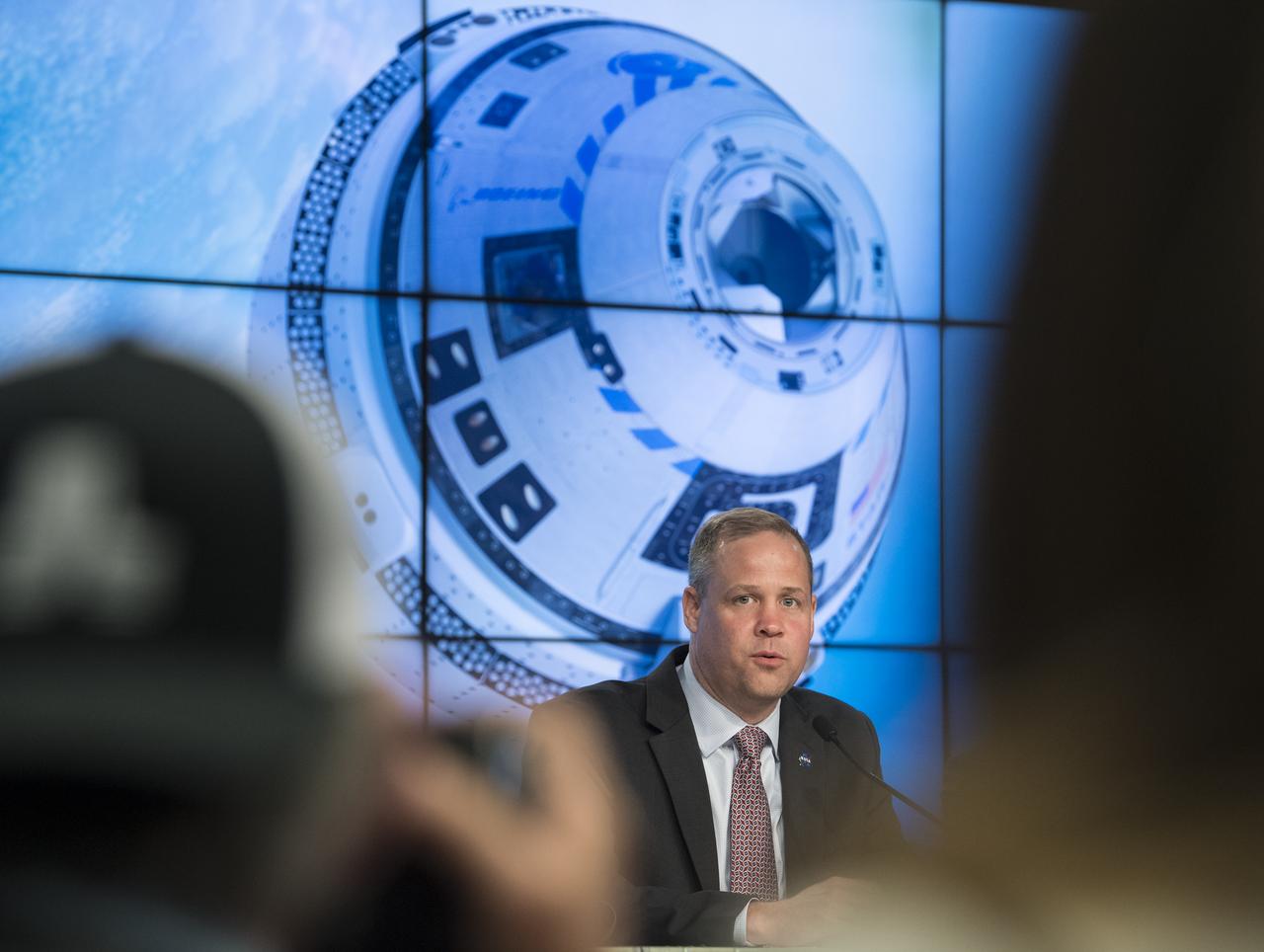 NASA Administrator Jim Bridenstine is seen during a press conference at NASA's Kennedy Space Center following the launch of Boeing’s Starliner spacecraft onboard a United Launch Alliance Atlas V rocket, Friday, Dec. 20, 2019, at Cape Canaveral Air Force Station in Florida. After a successful launch at 6:36 a.m. EST, Boeing’s CST-100 Starliner is in an unplanned, but stable orbit. The team is assessing what test objectives can be achieved before the spacecraft’s return to land in White Sands, New Mexico. Photo Credit: (NASA/Joel Kowsky)