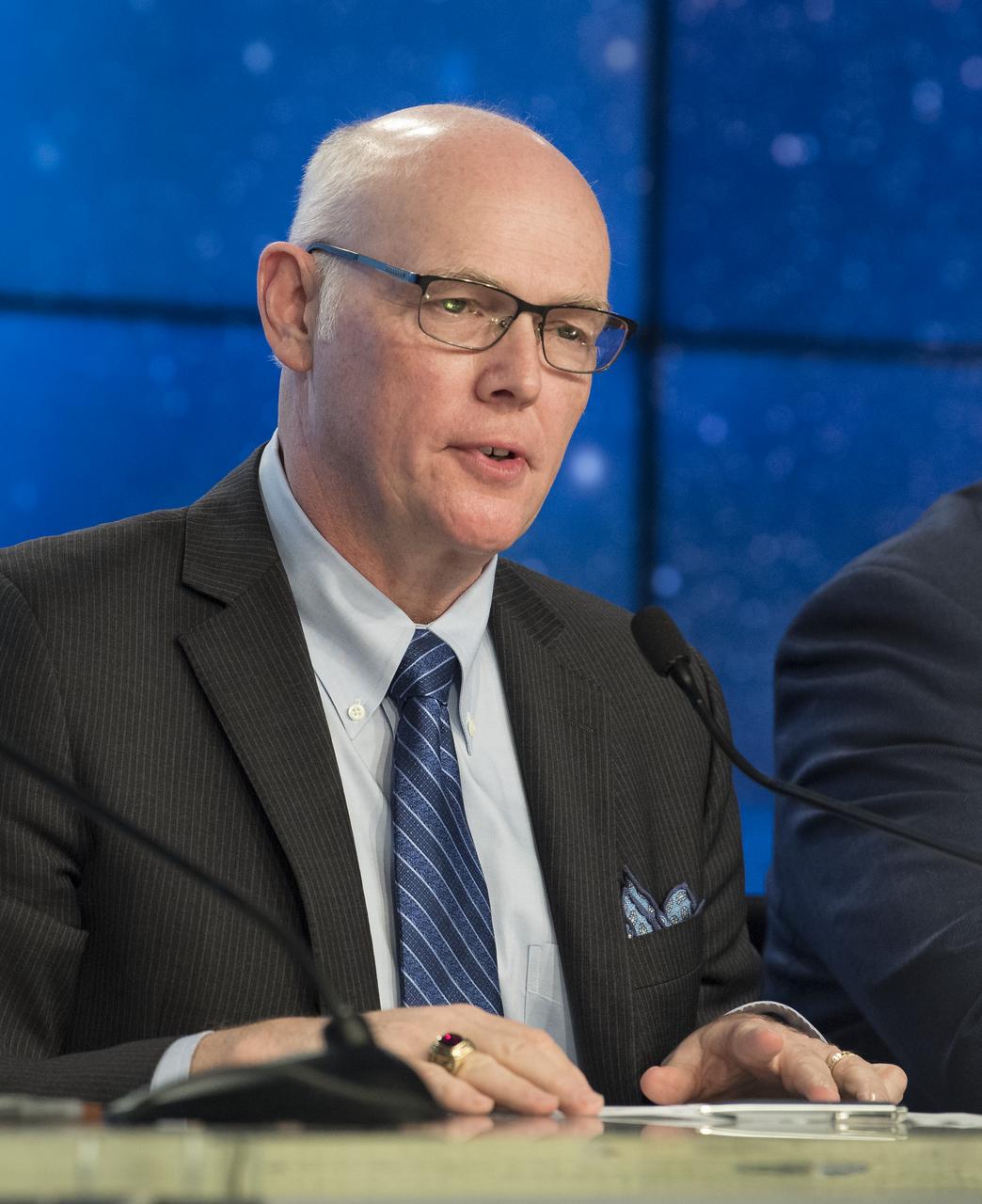 Tory Bruno, president and CEO of United Launch Alliance is seen during a press conference at NASA's Kennedy Space Center following the launch of Boeing’s Starliner spacecraft onboard a United Launch Alliance Atlas V rocket, Friday, Dec. 20, 2019, at Cape Canaveral Air Force Station in Florida. After a successful launch at 6:36 a.m. EST, Boeing’s CST-100 Starliner is in an unplanned, but stable orbit. The team is assessing what test objectives can be achieved before the spacecraft’s return to land in White Sands, New Mexico. Photo Credit: (NASA/Joel Kowsky)